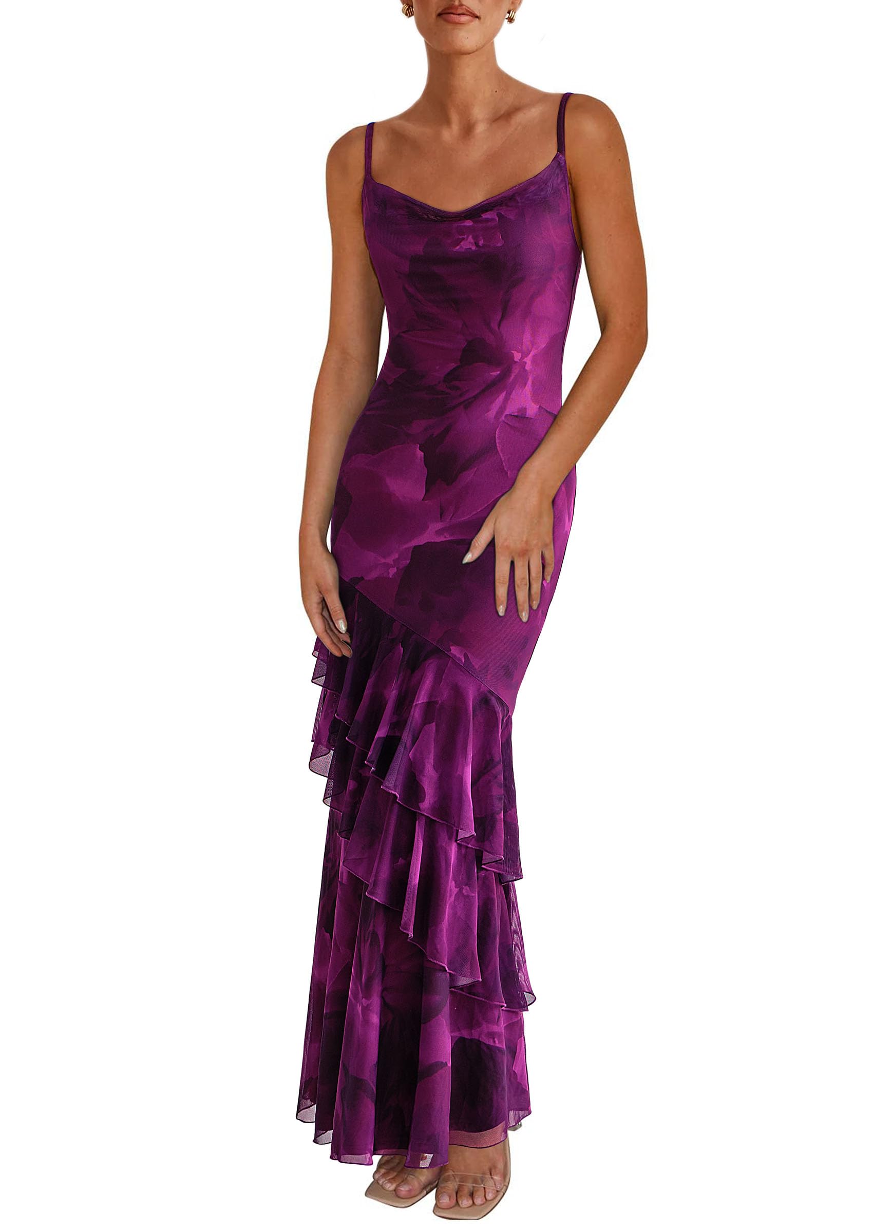 Women's Boho Floral Tiered Maxi Dress, Print Purple,XS