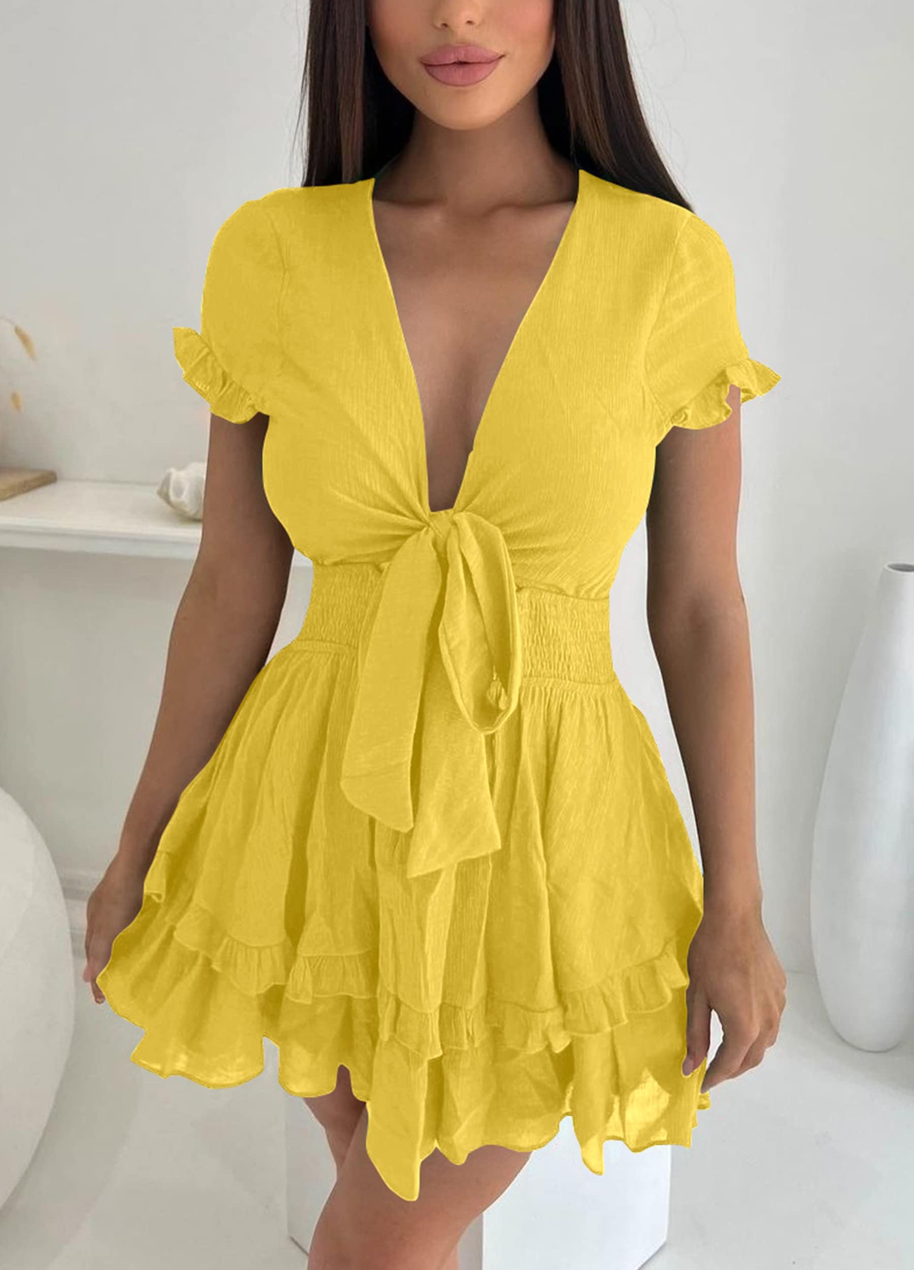 Women's Boho Floral Mini Tiered Bow Dress, Yellow,S