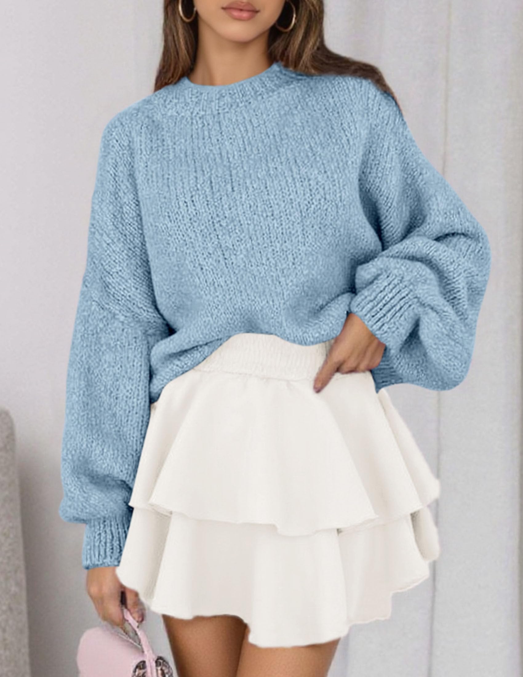 Women's Chunky Knit Oversized Pullover Sweaters,Light Blue,S