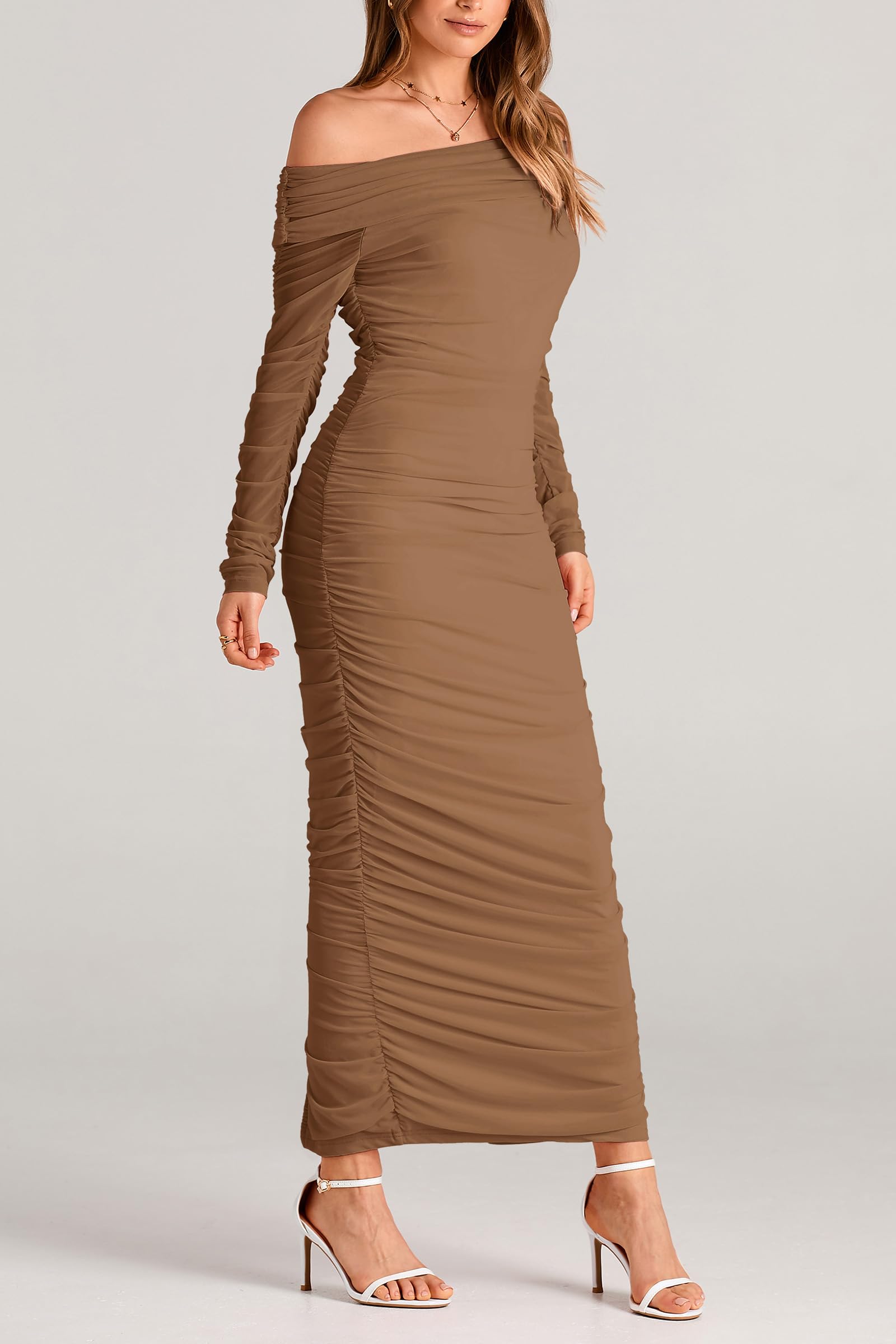 Women's Off the Shoulder Maxi Bodycon Dress, Light Brown,S