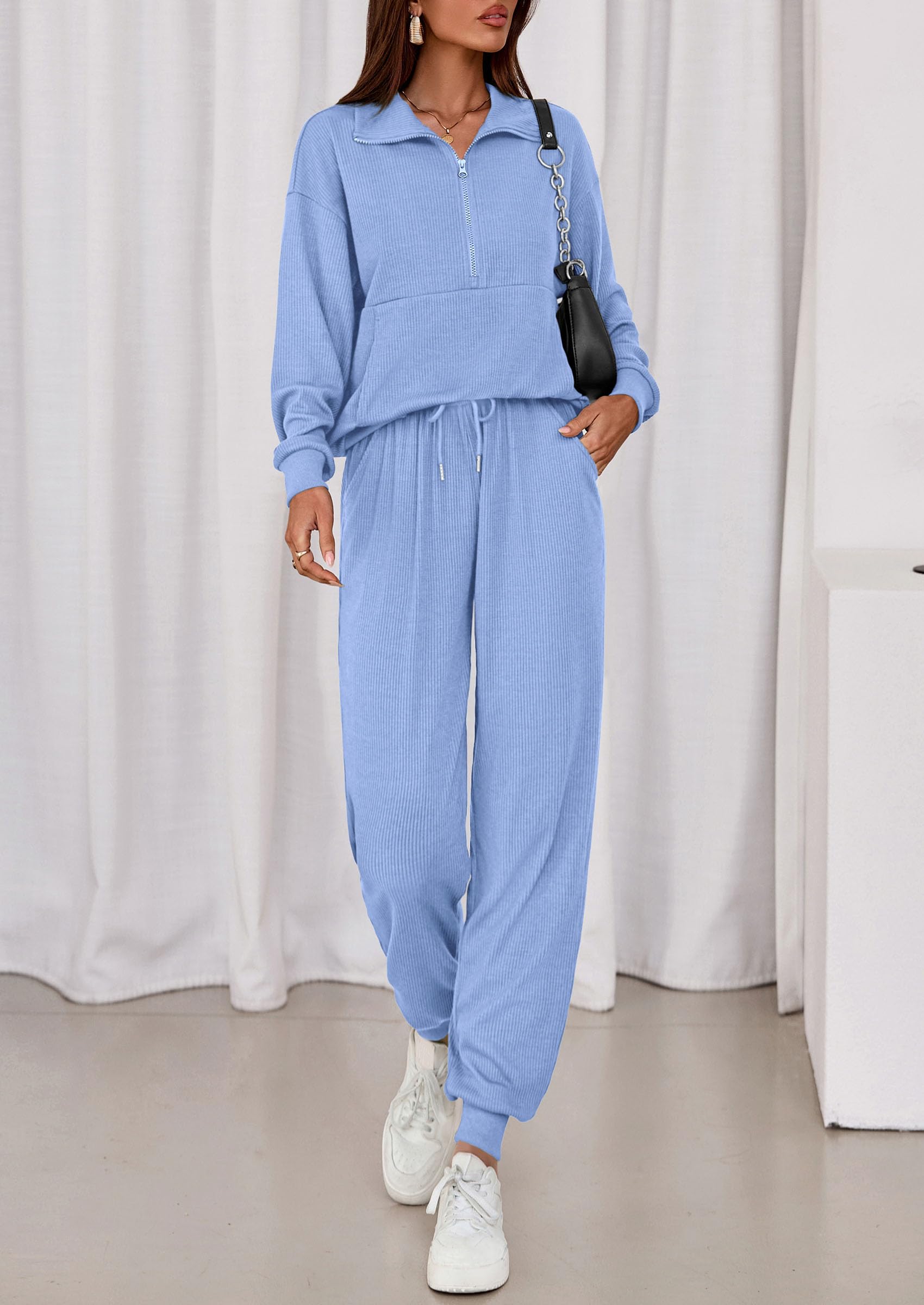 Airport Travel Outfit Women Ribbed Knit Matching Lounge Sets