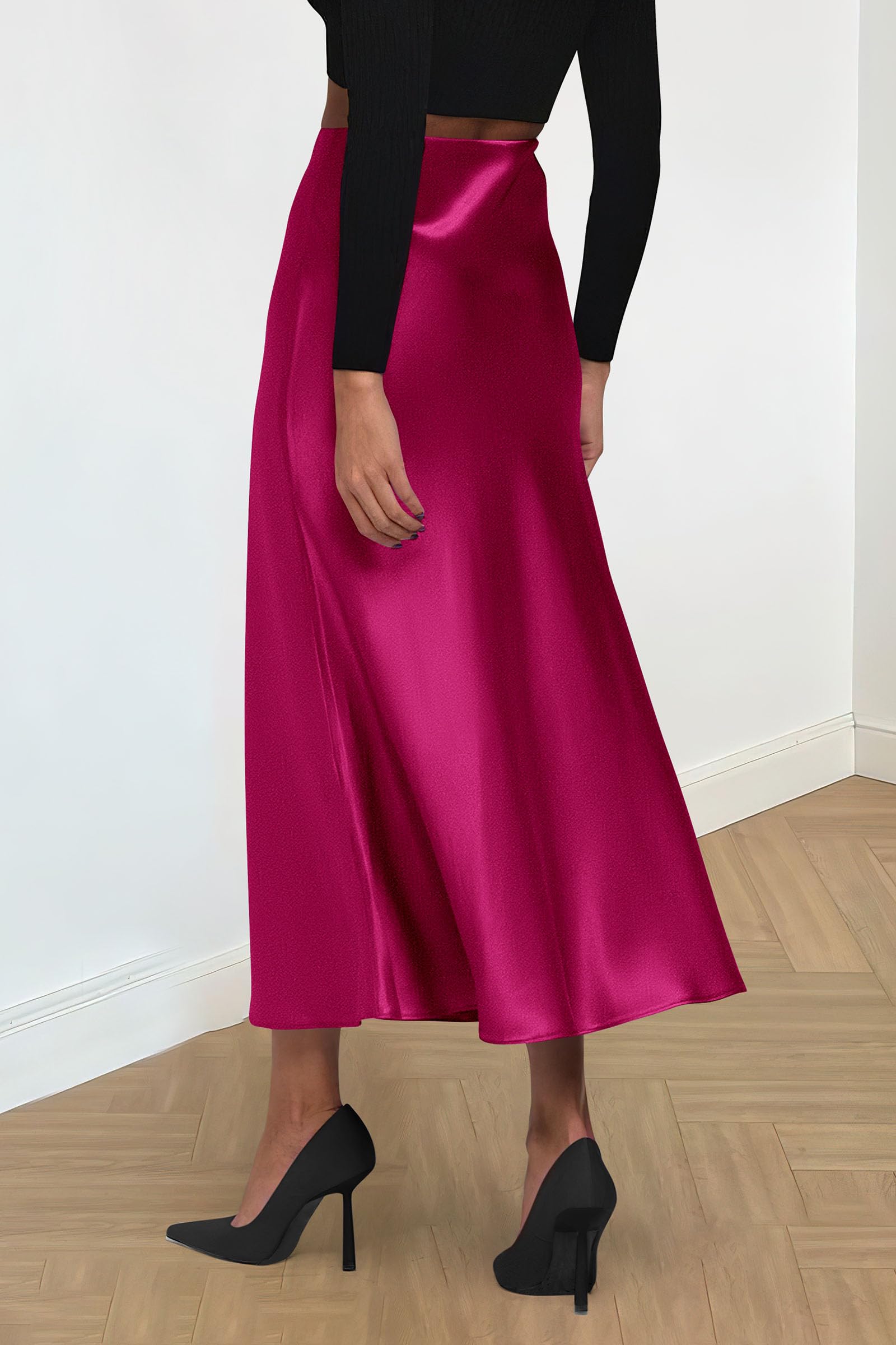 Women's Satin Midi Skirts Dressy Casual,Rose Red,S