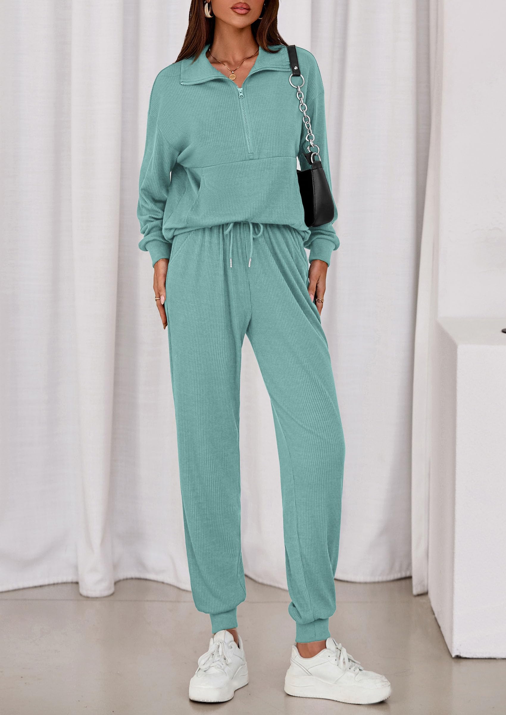 Airport Travel Outfit Women Ribbed Knit Matching Lounge Sets