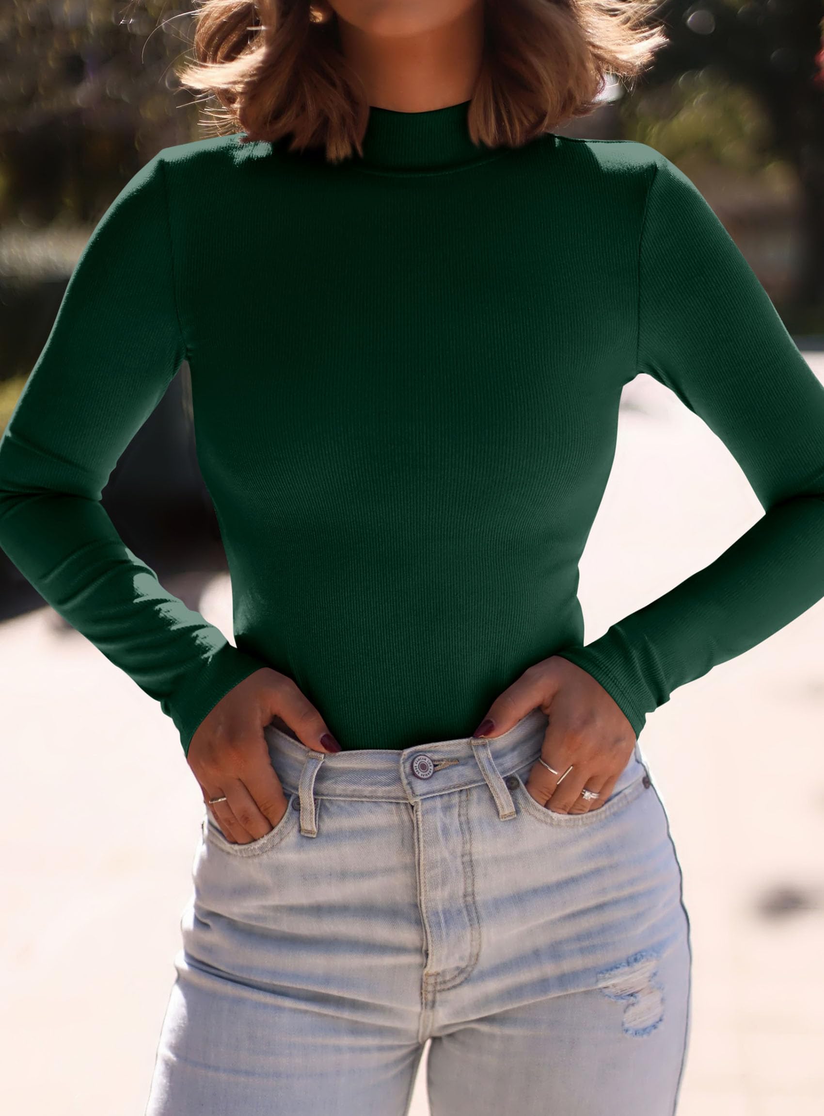 Womens Mock Turtleneck Fall Long Sleeve Shirts,Dark Green,XS