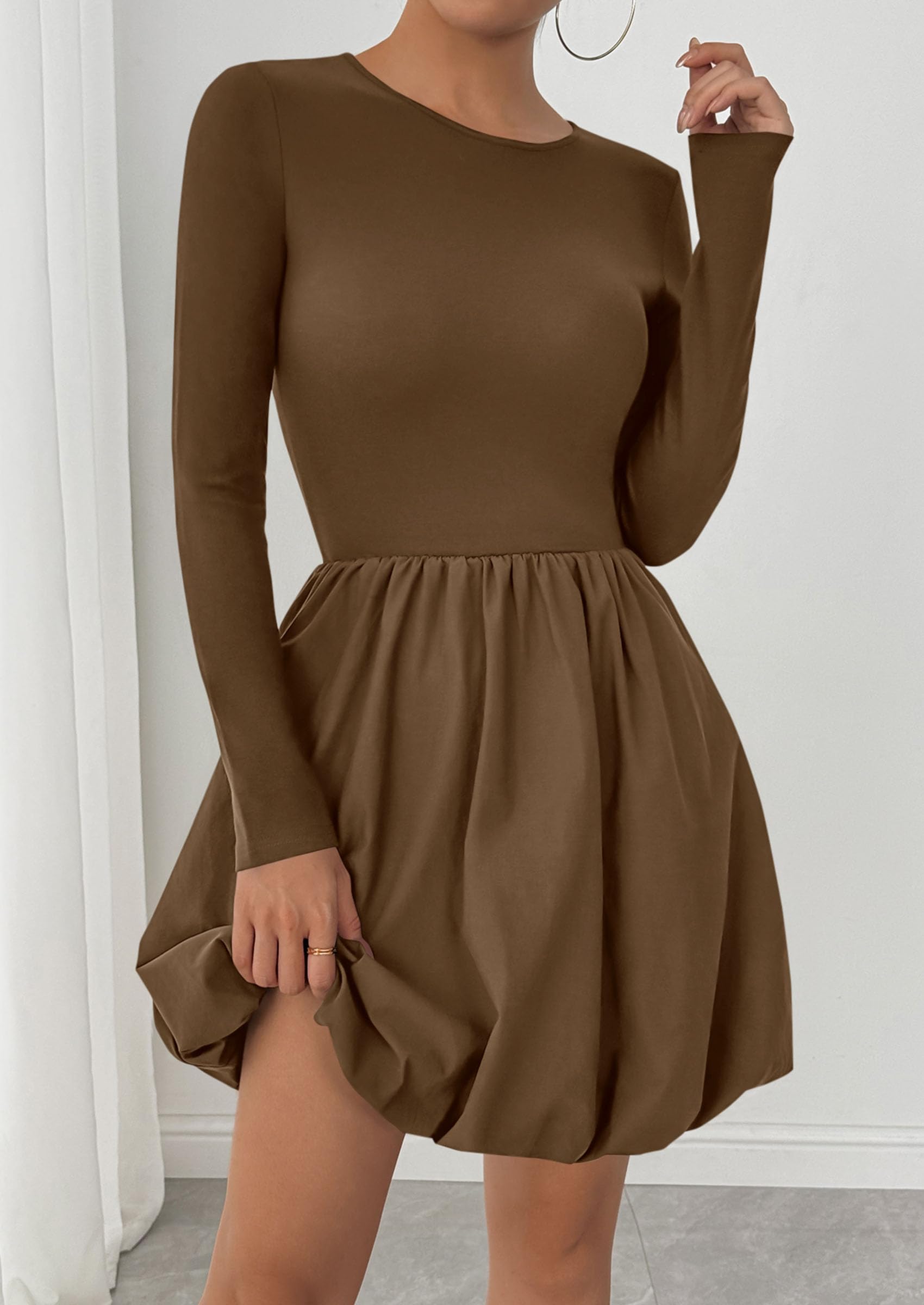 Fall Dresses for Women 2026 Bubble Mini Dress,Brown,S