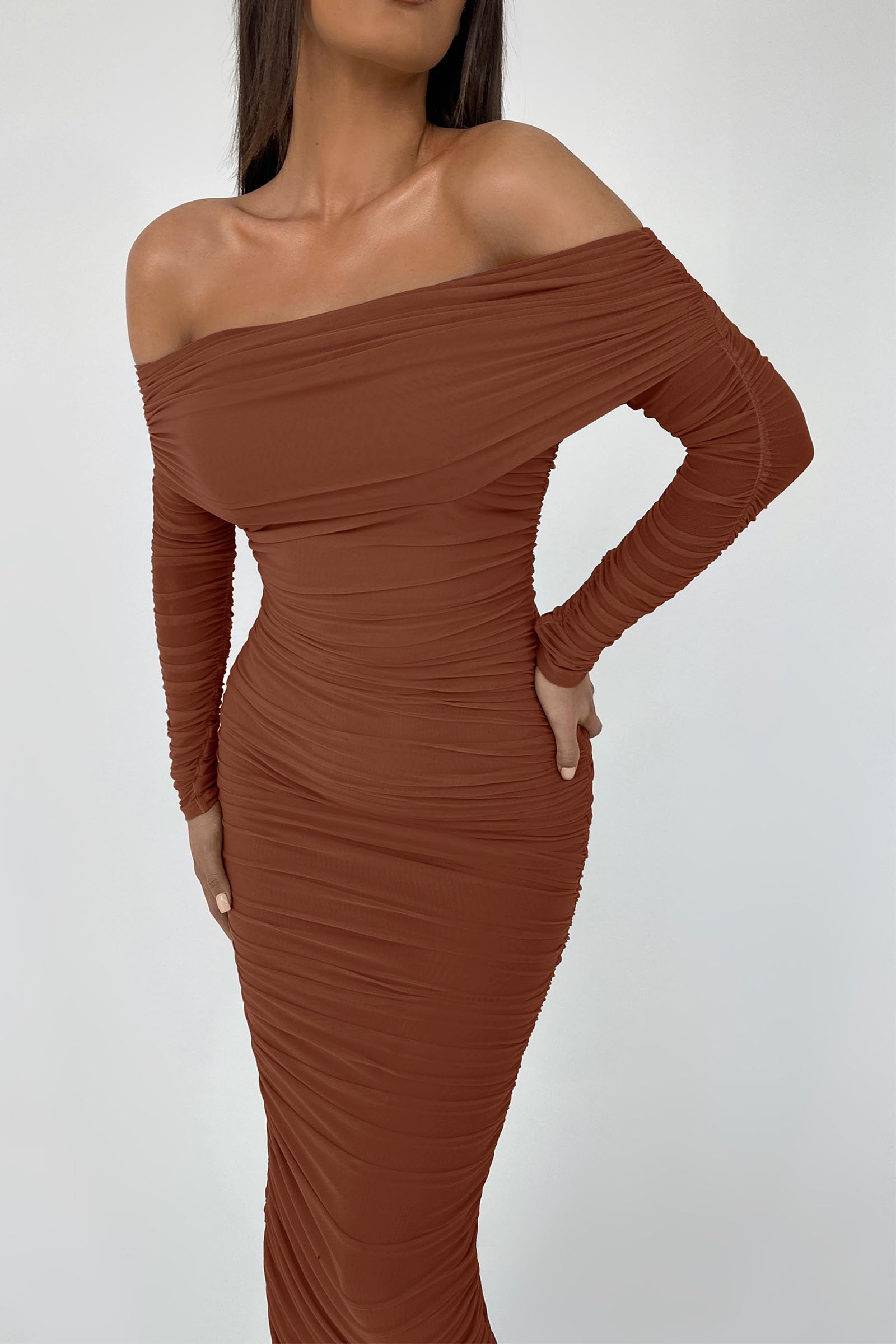 Women's Off the Shoulder Maxi Bodycon Dress, Caramel,S