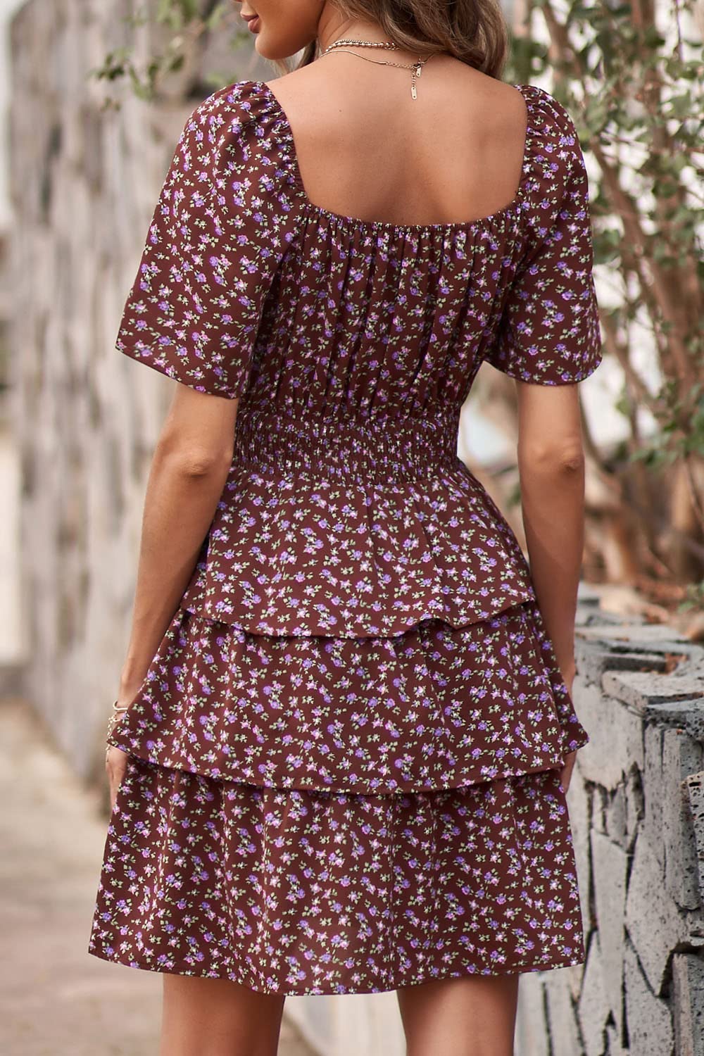 Women's Summer Floral Ruffle Short Dress Coffee,S