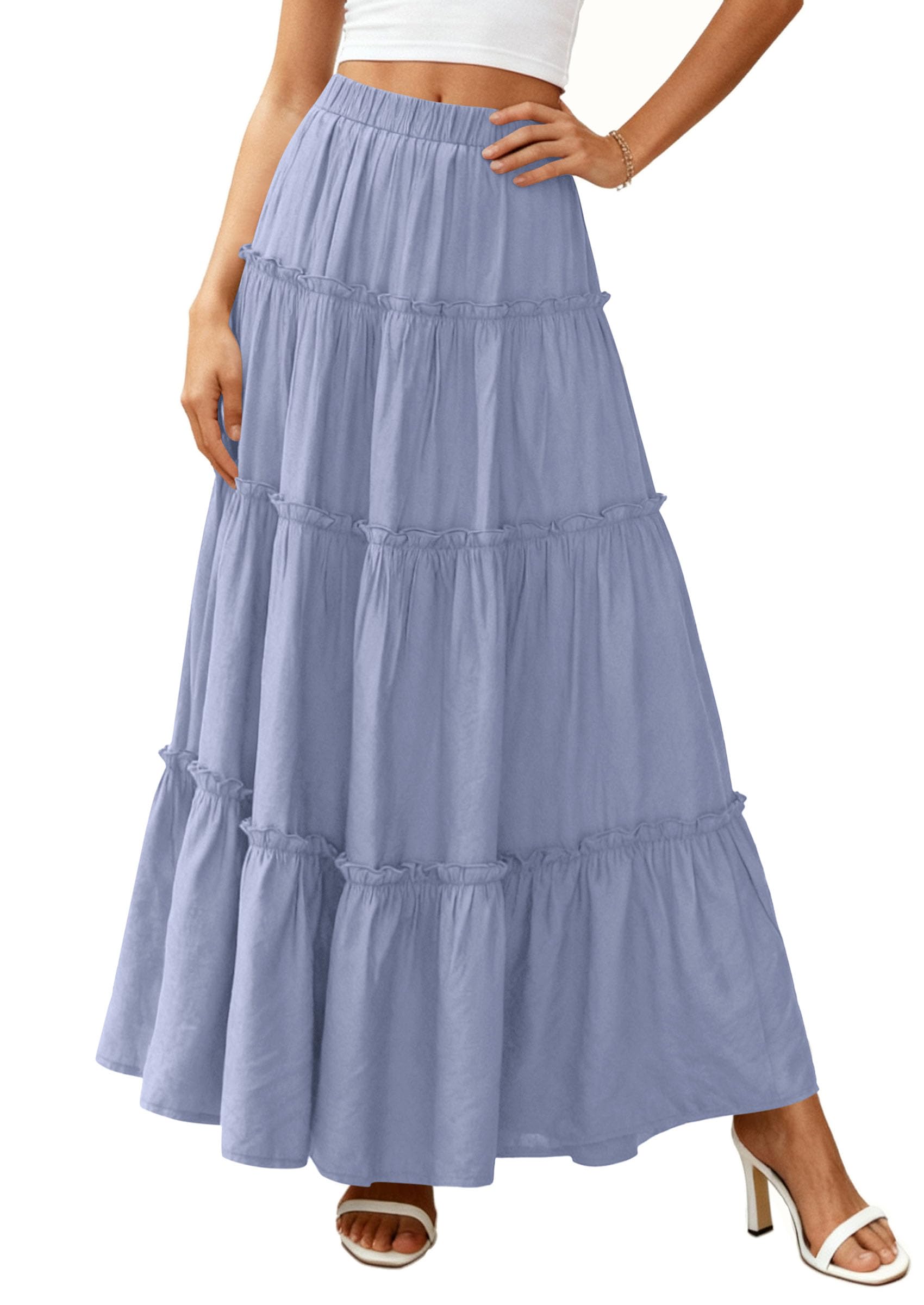 Women's Boho Tiered Ruffle Flowy Maxi Skirt, Blue,S