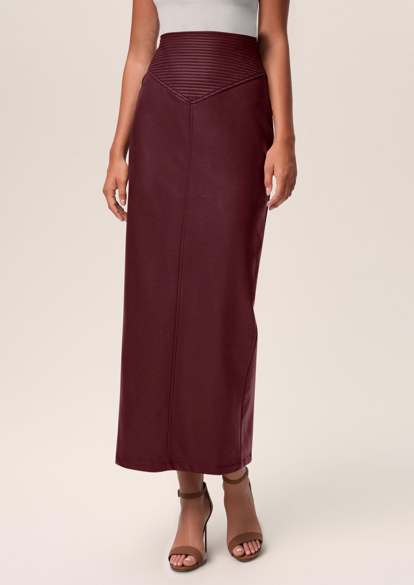 Women's Faux Leather High Waisted Maxi Skirts,Burgundy,XS