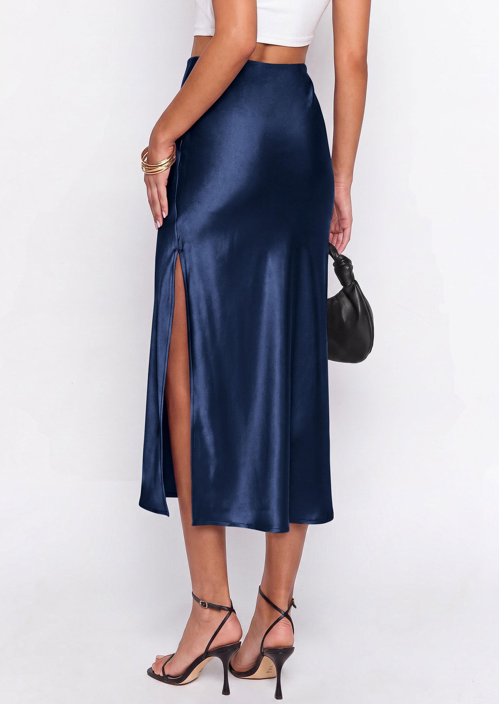 Womens Satin Skirt Silk Slip Midi Work Skirts, Navy Blue, S