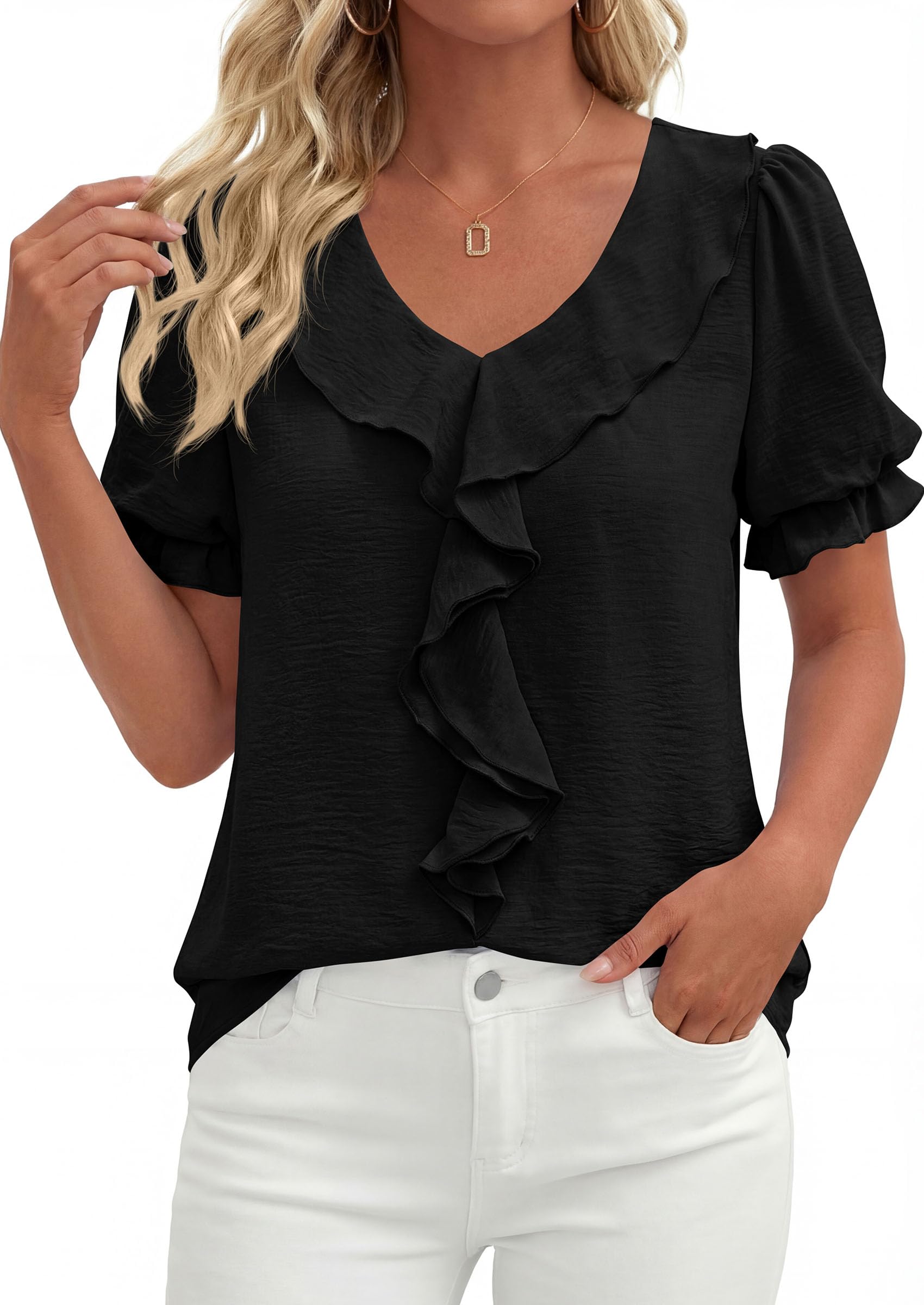 Women's Summer Ruffle Dressy Casual Blouses (Black,S)