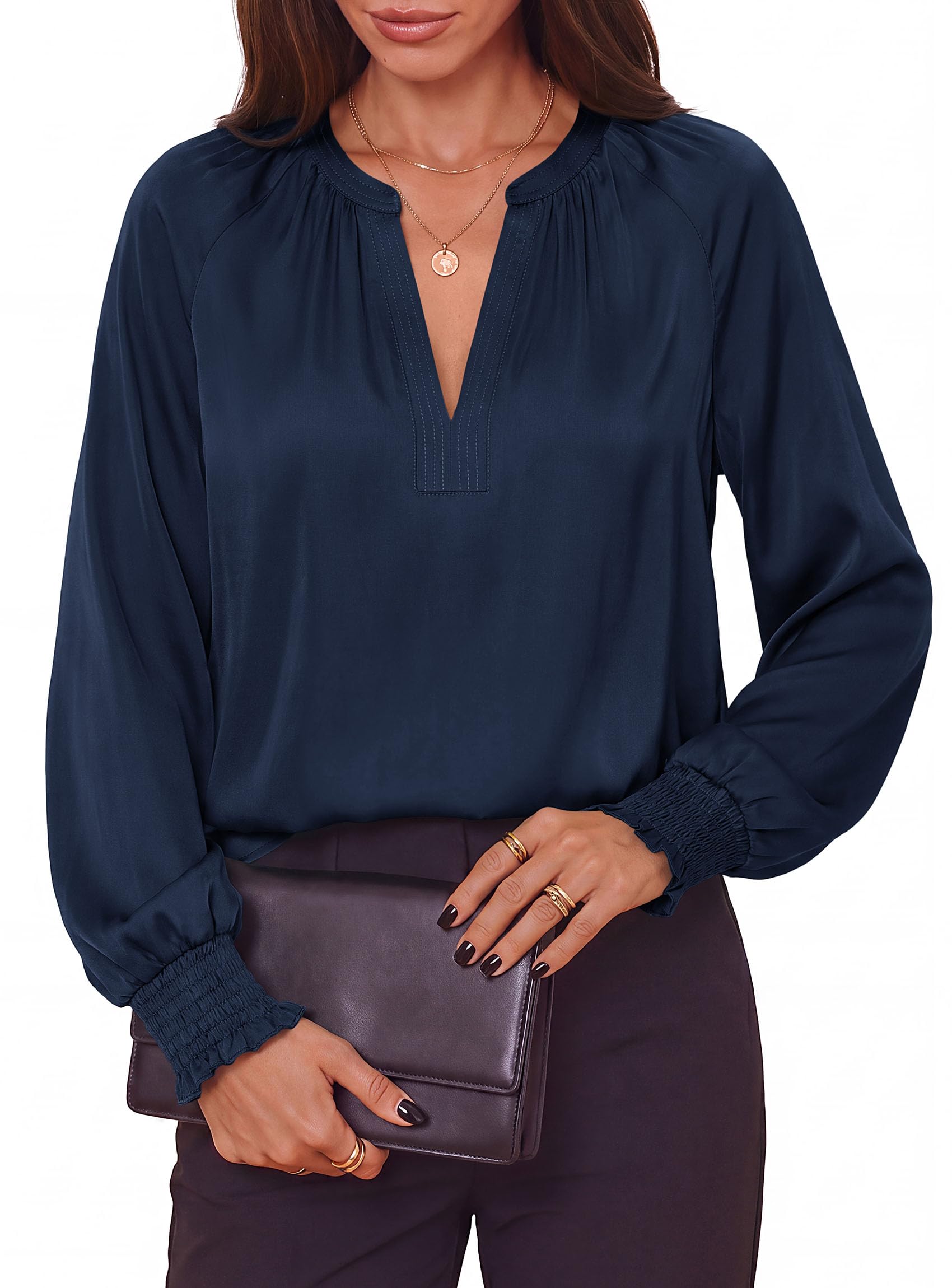 Women's Satin Blouses V Neck Long Sleeve Tops,Navy Blue,S