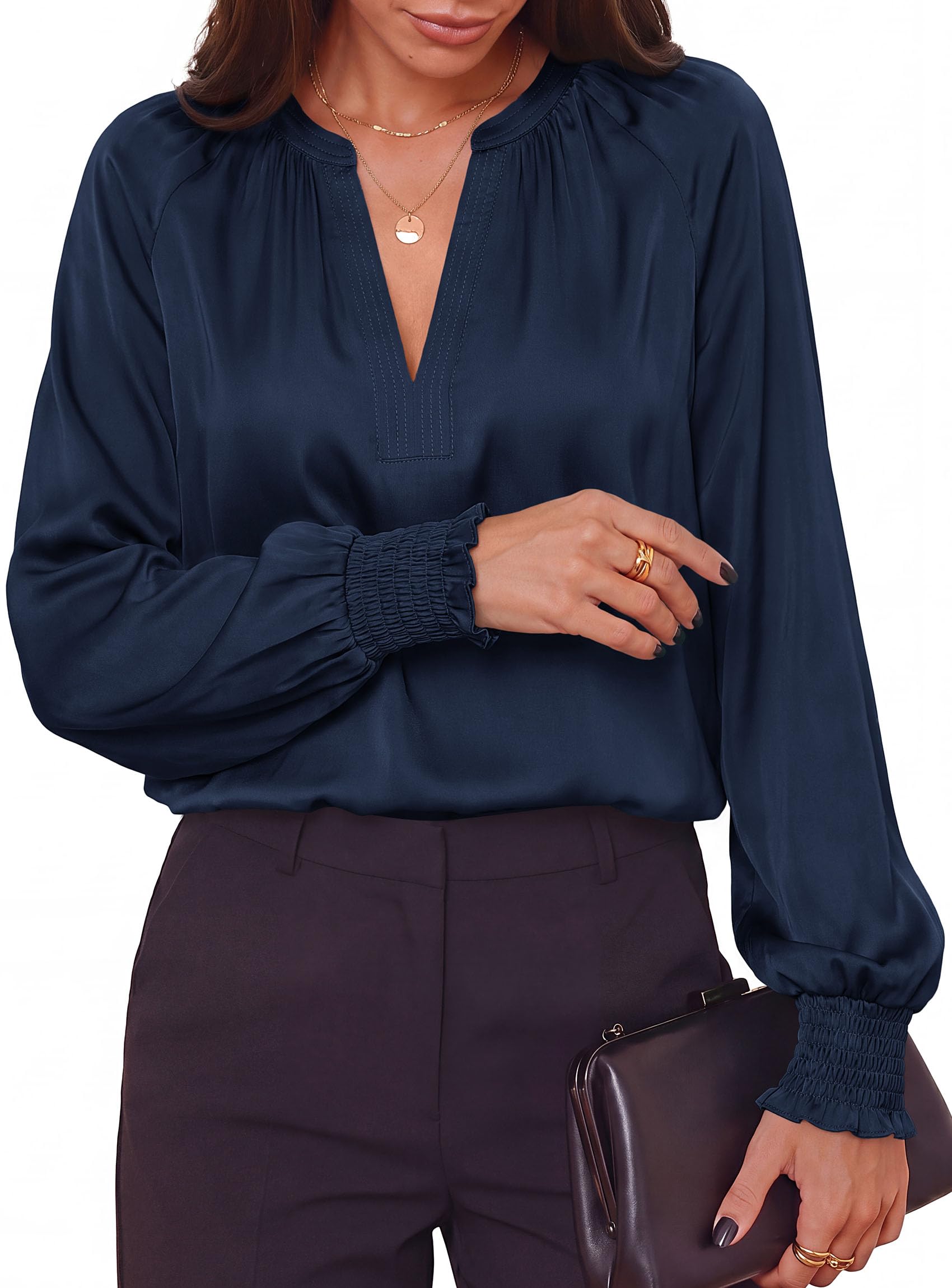 Women's Satin Blouses V Neck Long Sleeve Tops,Navy Blue,S