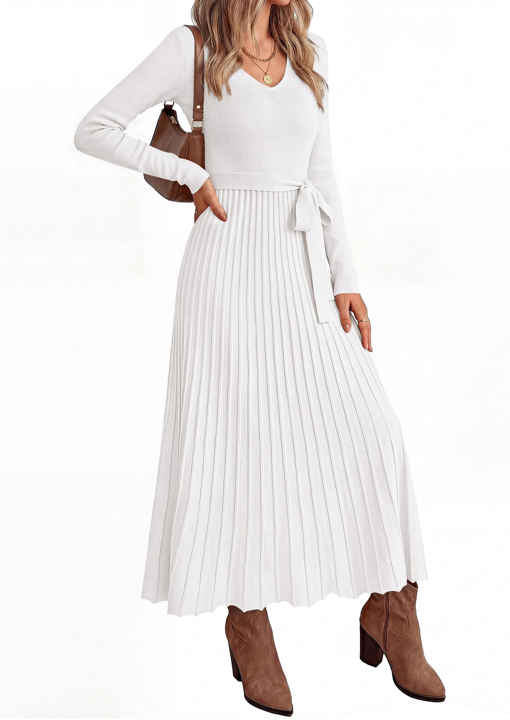Womens Fall Maxi Long Sleeve Sweater Dress,White,S