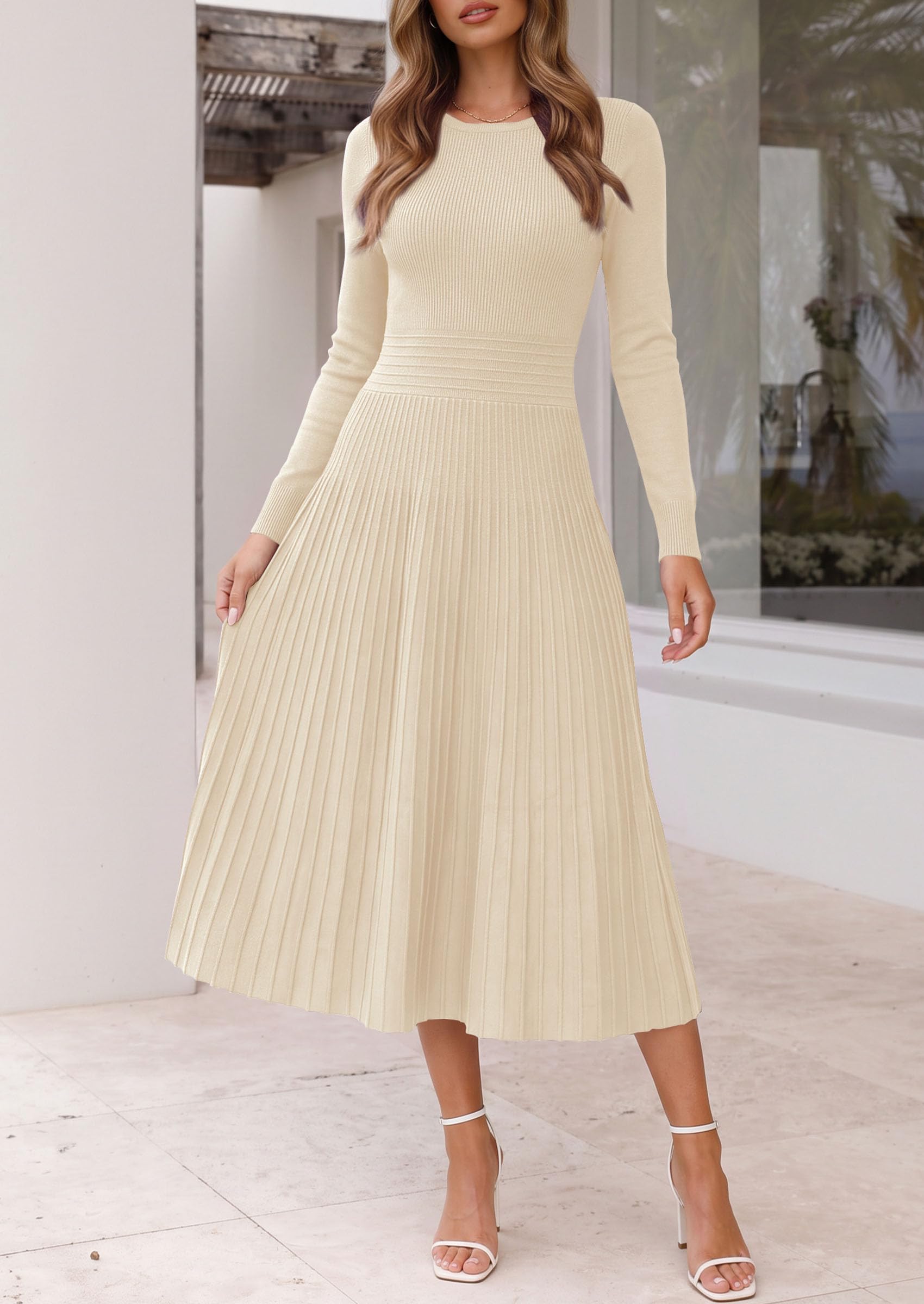 Women's Long Sleeve Knit Maxi Sweater Dress,Apricot,S
