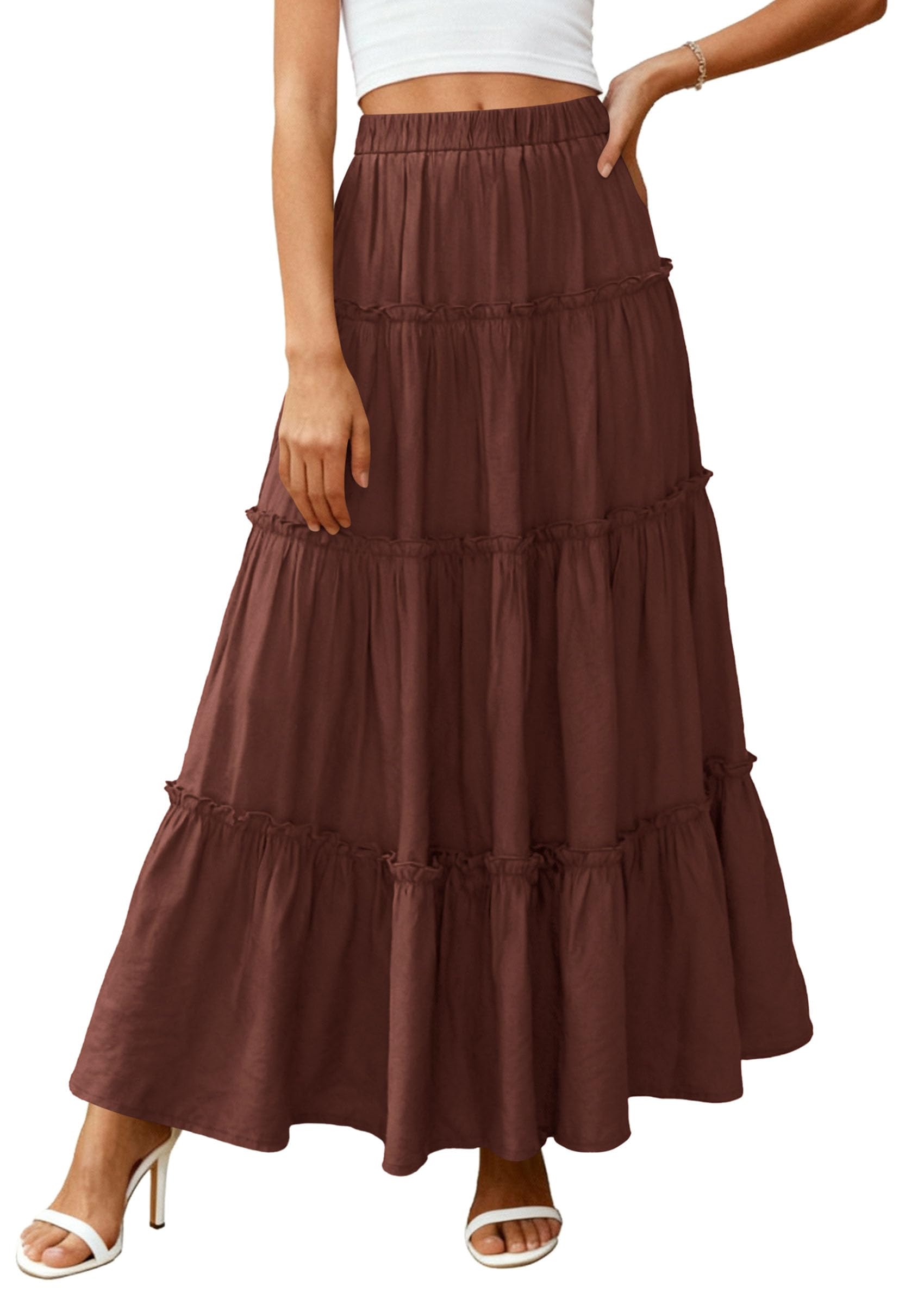 Women's Boho Tiered Ruffle Flowy Maxi Skirt, Brown,S