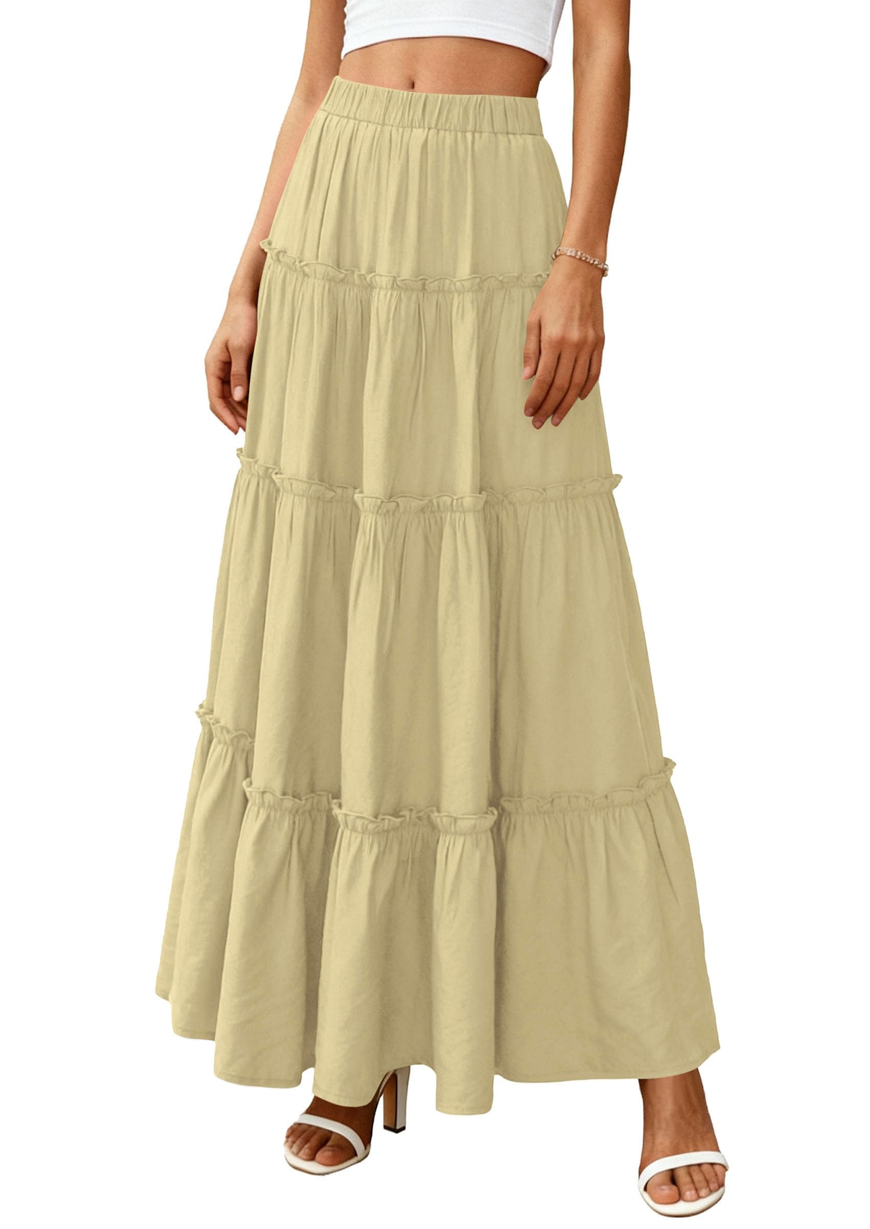 Women's Boho Tiered Ruffle Flowy Maxi Skirt, Yellow,S