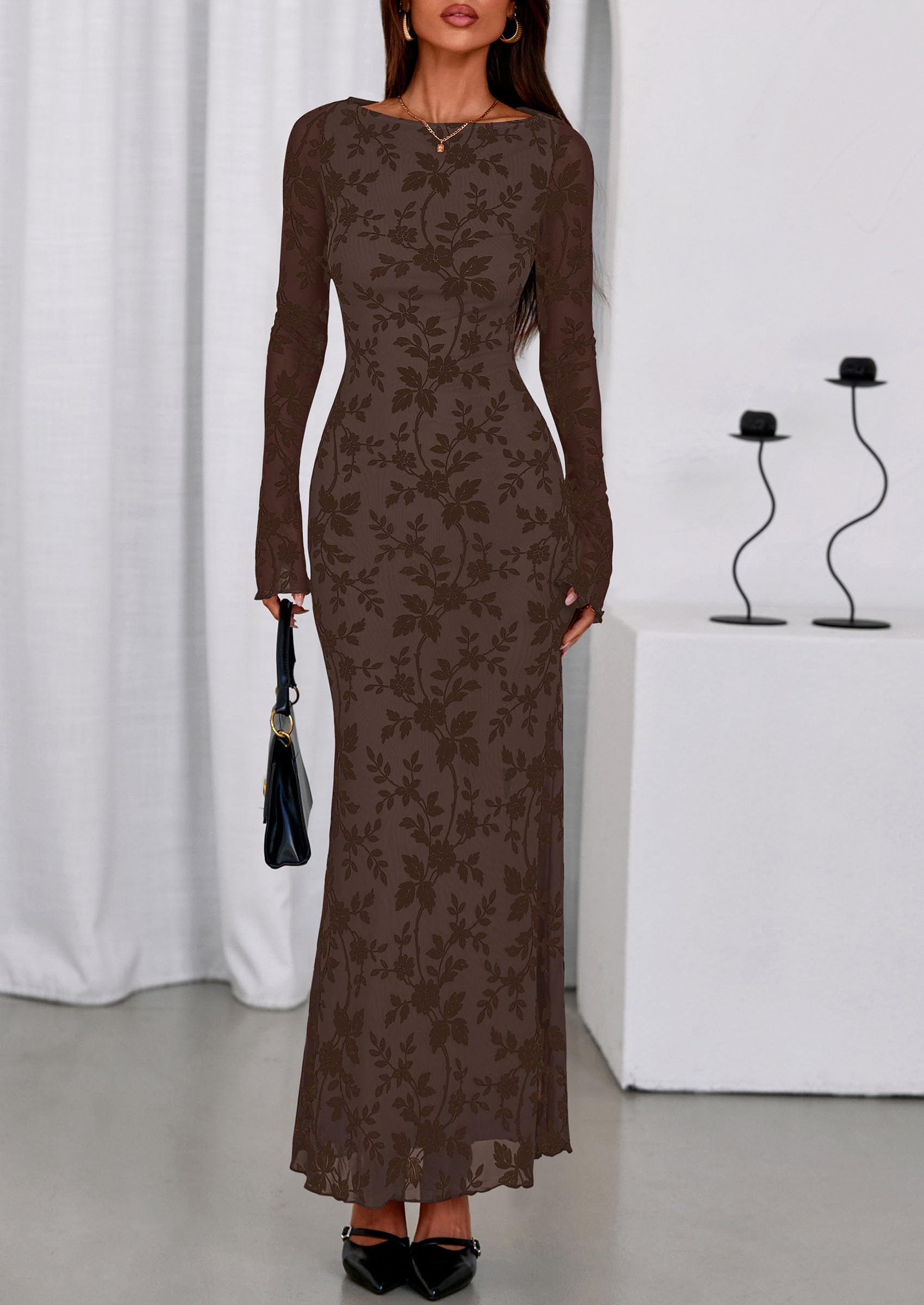 Women's Floral Bodycon Maxi Dress Wedding Guest Dresses Brown