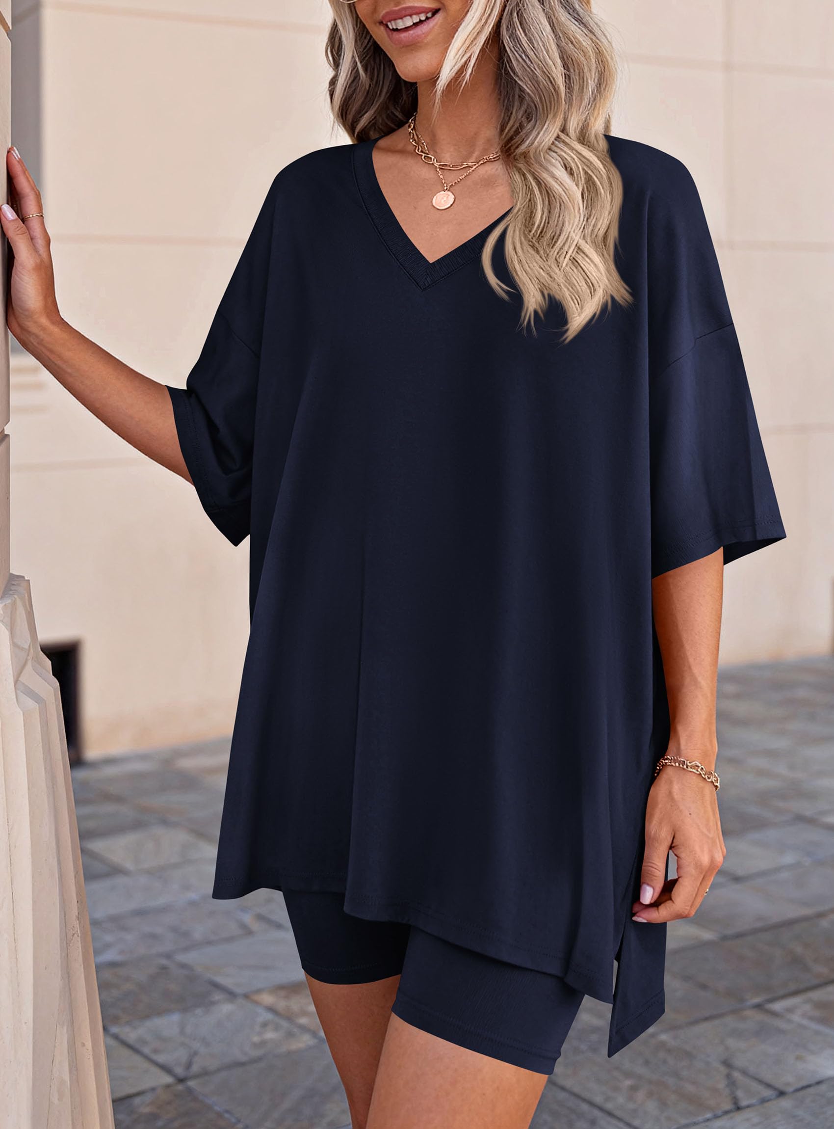 Womens 2 Piece Outfit Lounge Short Sets,Navy,S
