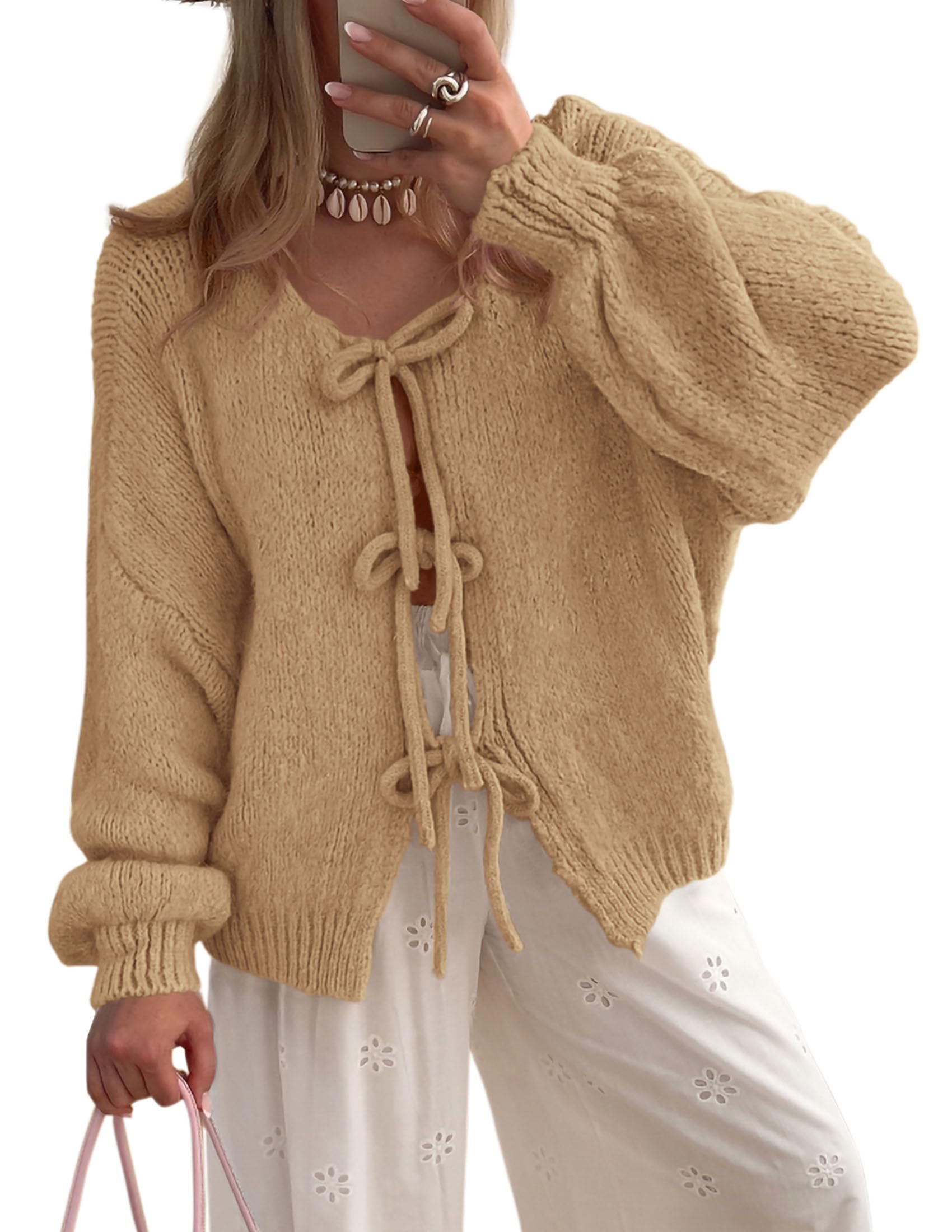 Women's Tie Front Bow Cardigan Sweaters(Khaki,Small)