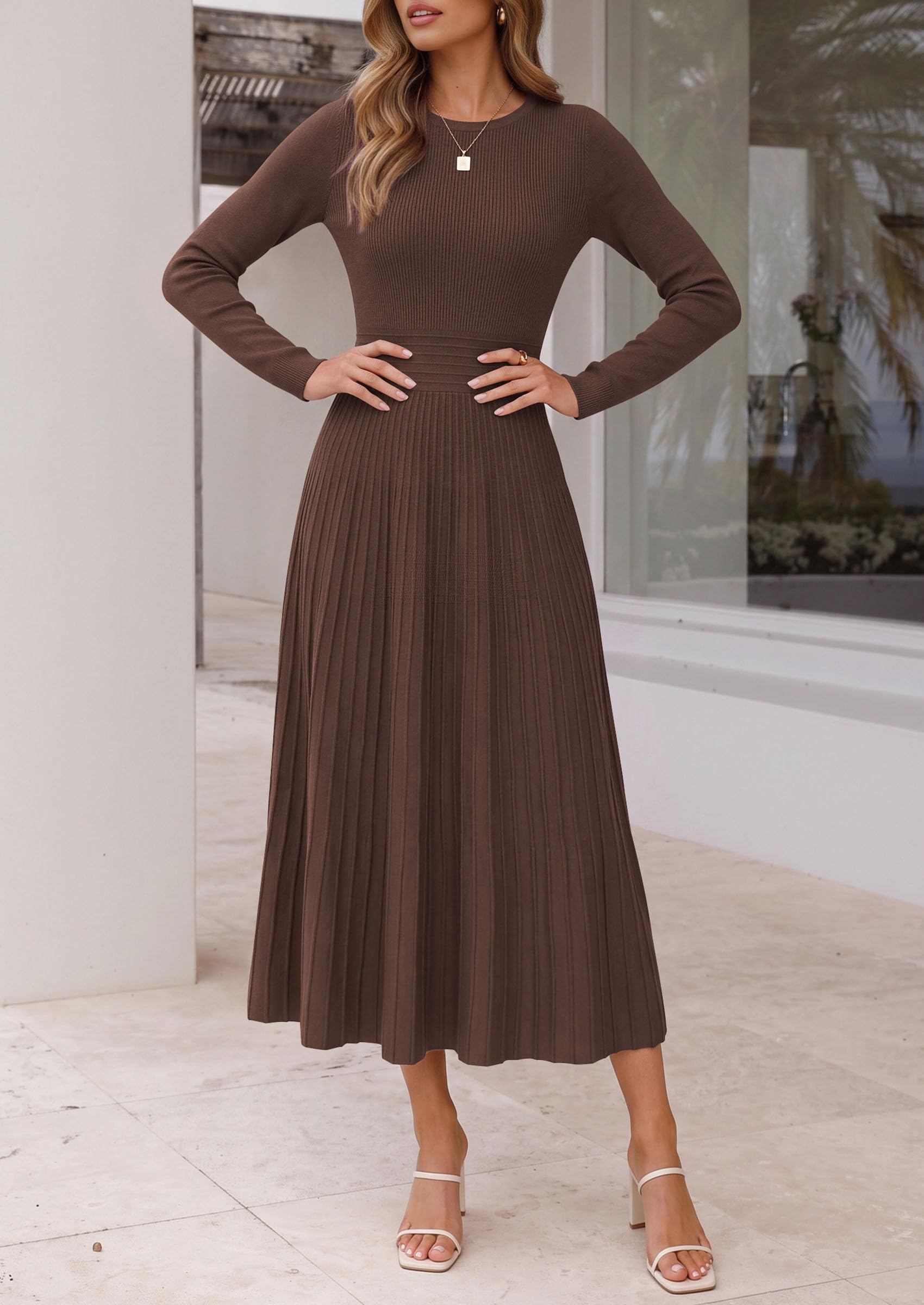 Women's Long Sleeve Knit Maxi Sweater Dress,Brown,S