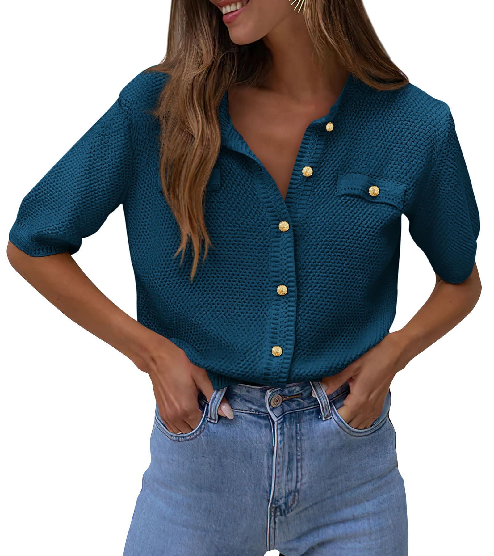 Women's Summer Casual Button Down Shirts Dark Blue,Small