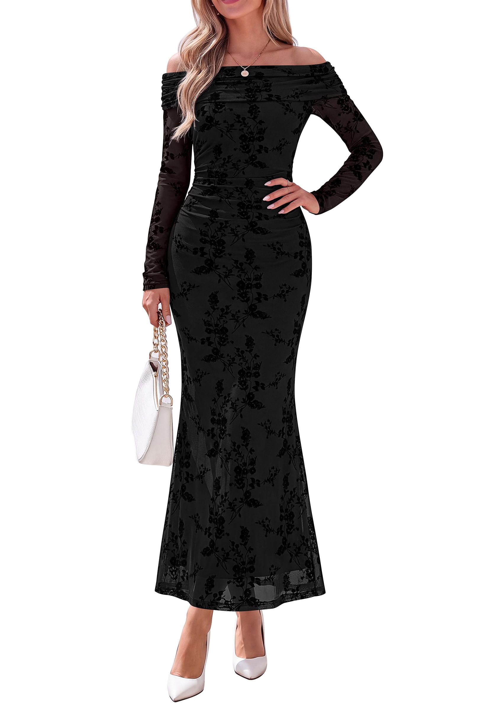 Womens Fall Off Shoulder Floral Maxi Wedding Guest Dress Black