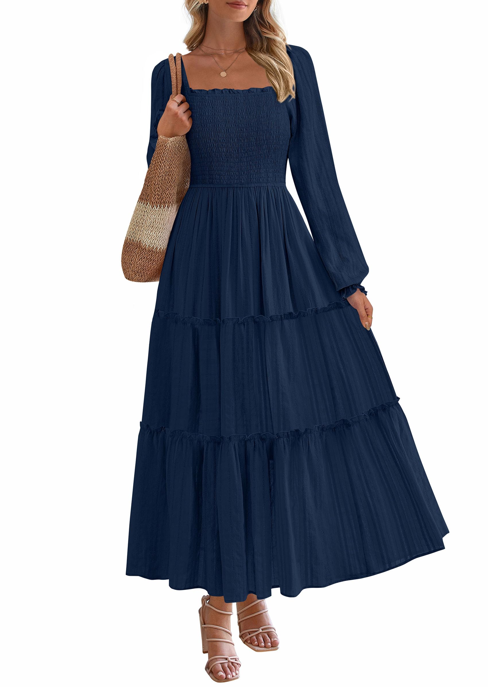 Women's Long Sleeve Ruffle Flowy Maxi Dress,Navy Blue,S