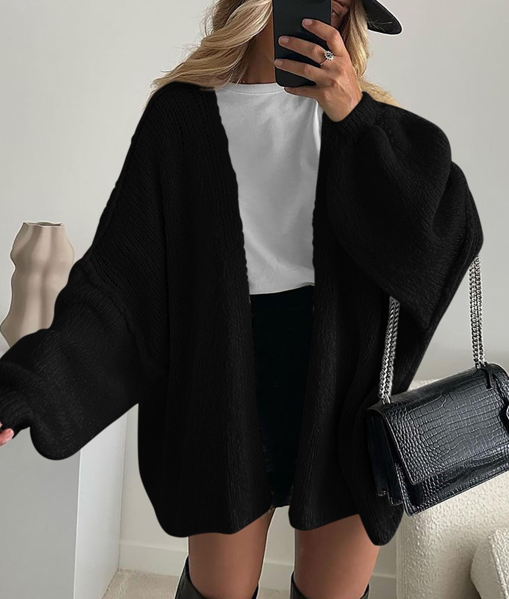 Womens Open Front Oversized Cardigan Sweaters,Black,S