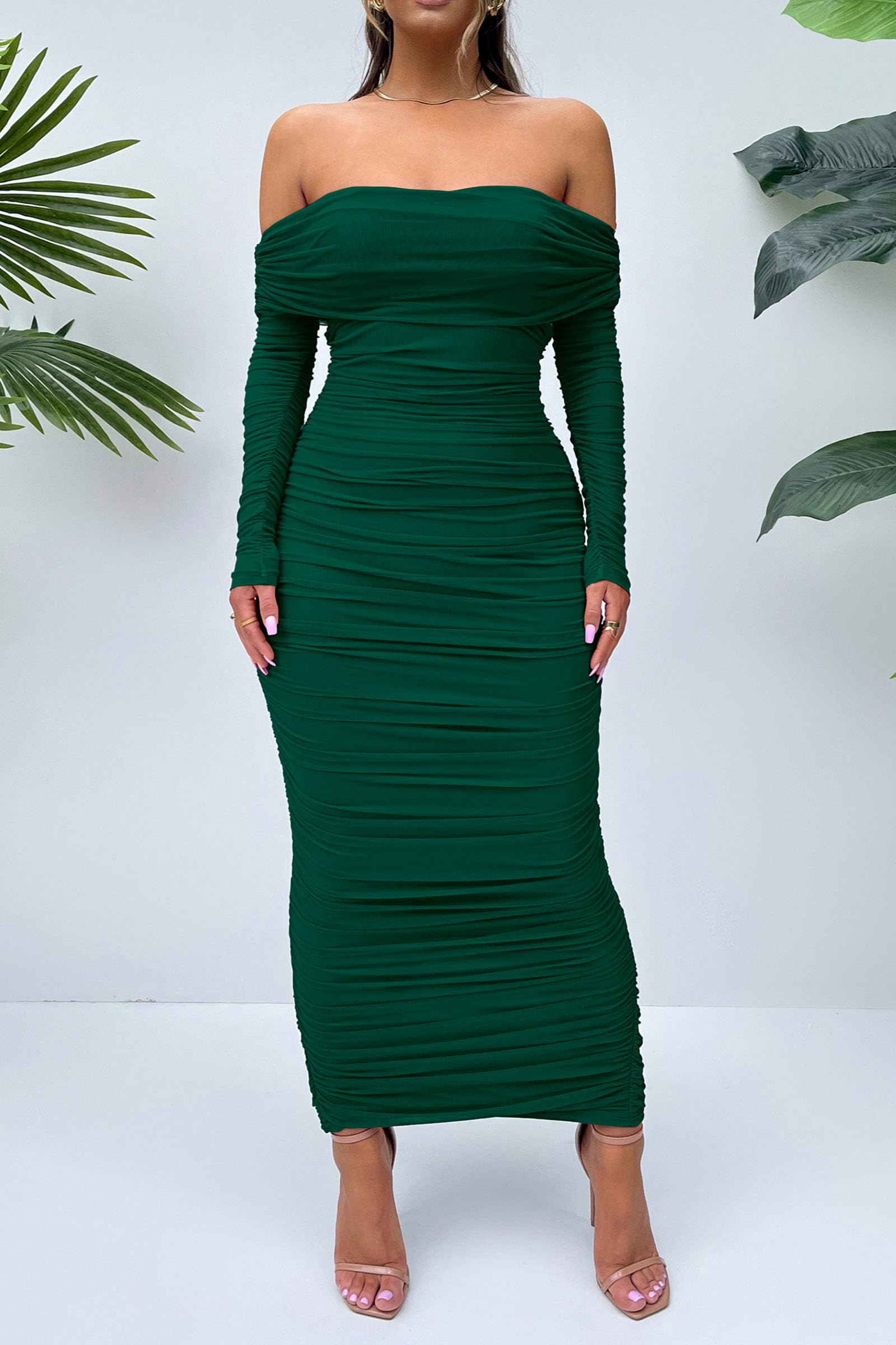 Women's Off the Shoulder Maxi Bodycon Dress, Green,S