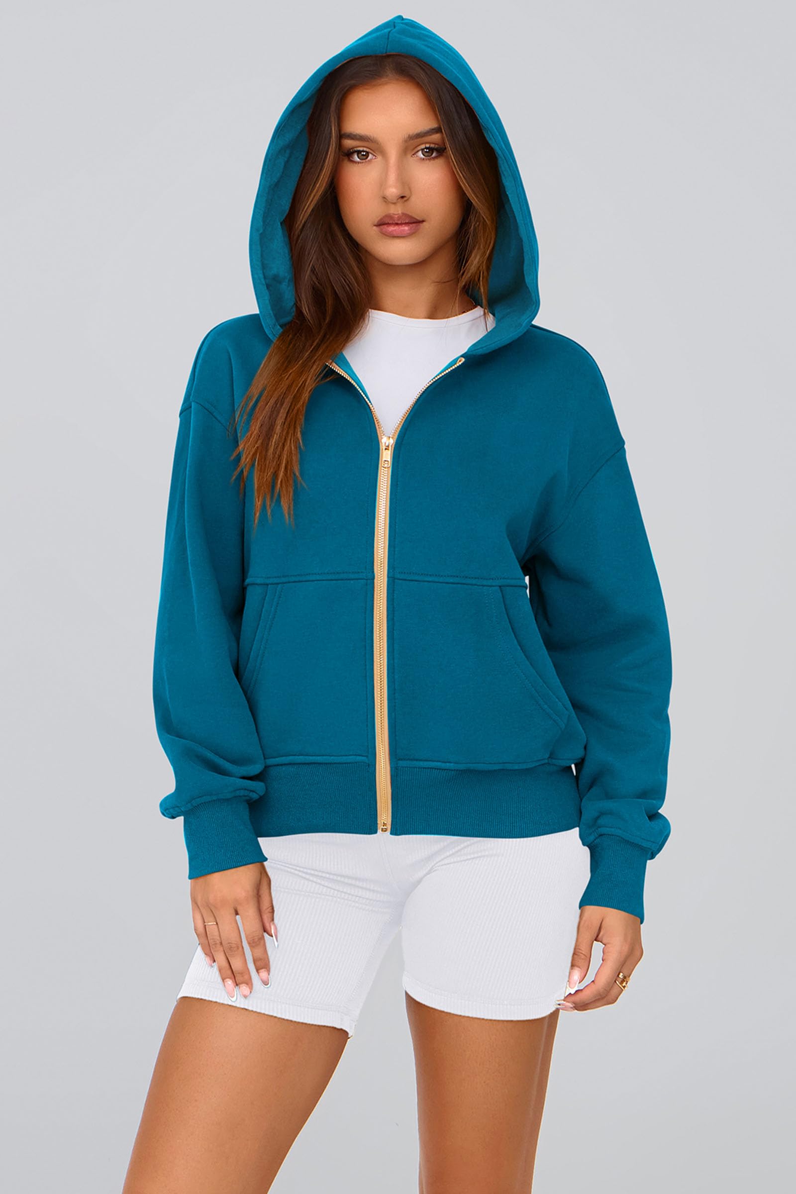 Hoodies for Women Fall Fashion Zip Up Fleece Plain Sweatshirt