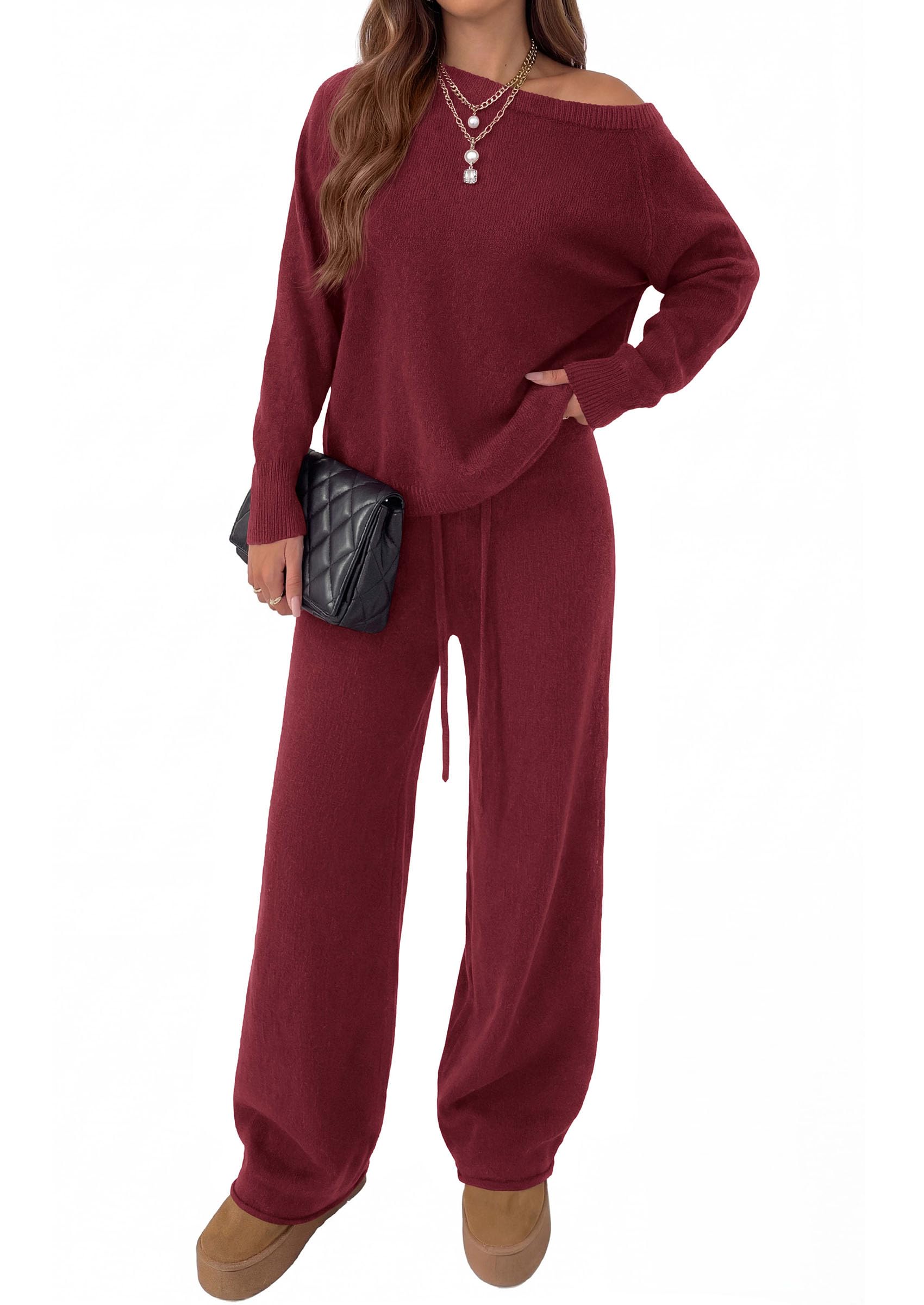 Lounge Sets Womens Sweaters Two Piece Outfits (Wine Red,S)