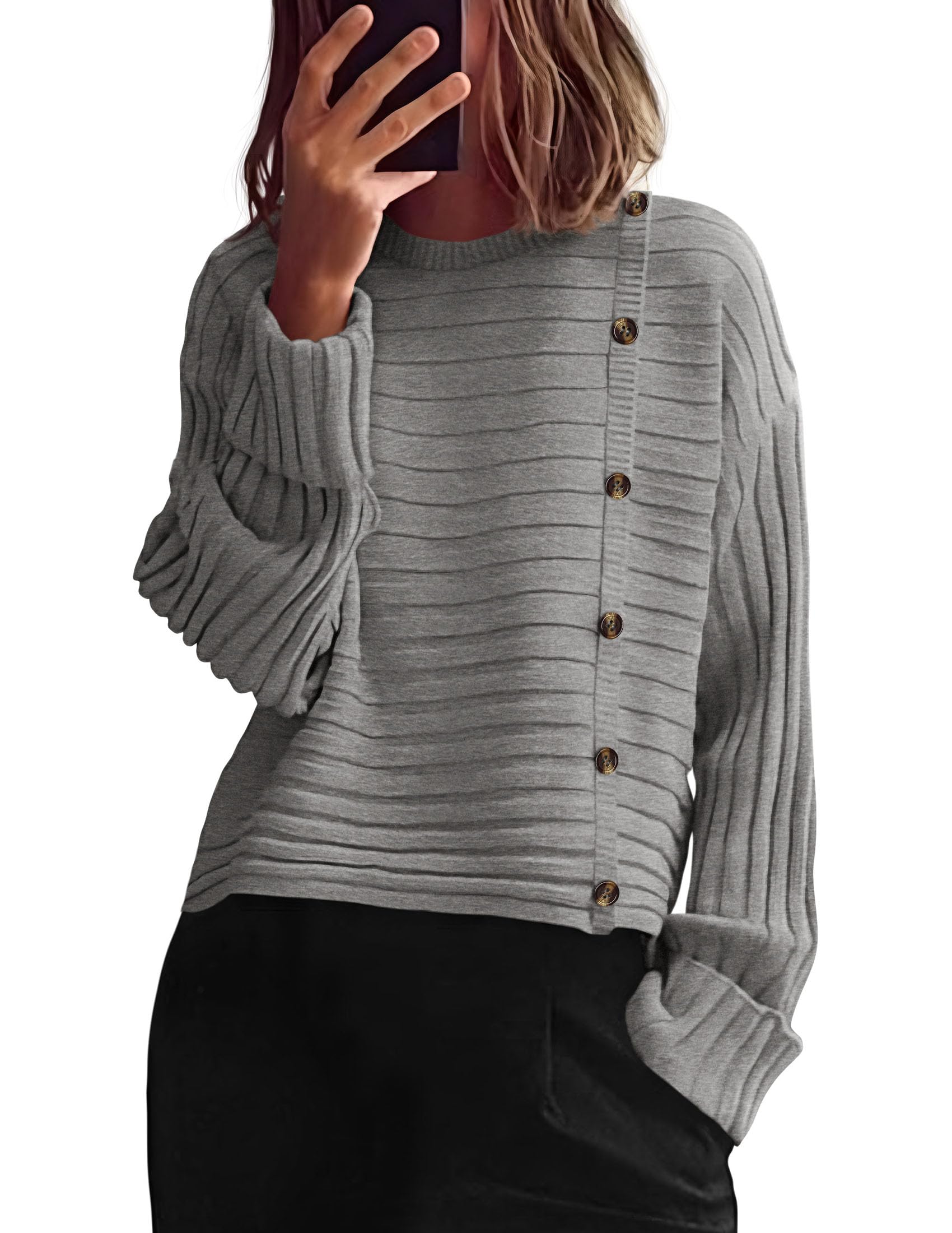 Womens Asymmetric Button Long Sleeve Sweater,Grey,S