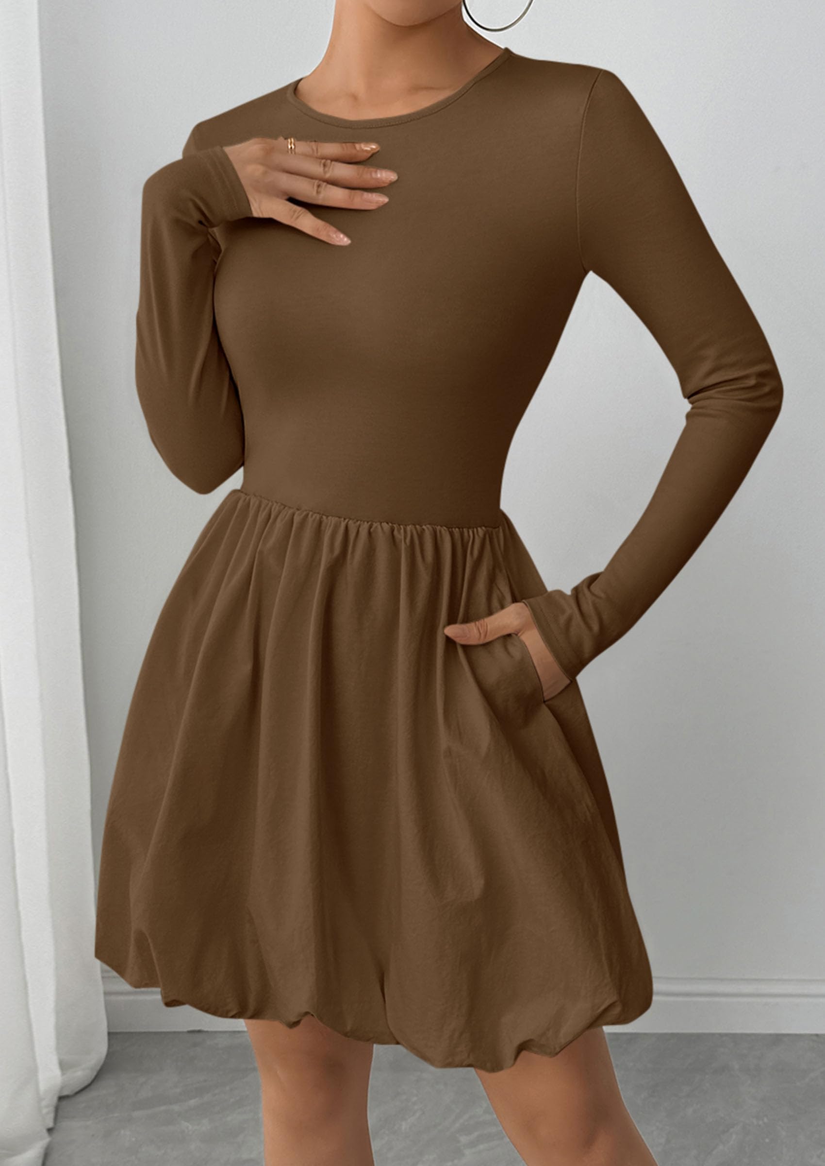 Fall Dresses for Women 2026 Bubble Mini Dress,Brown,S