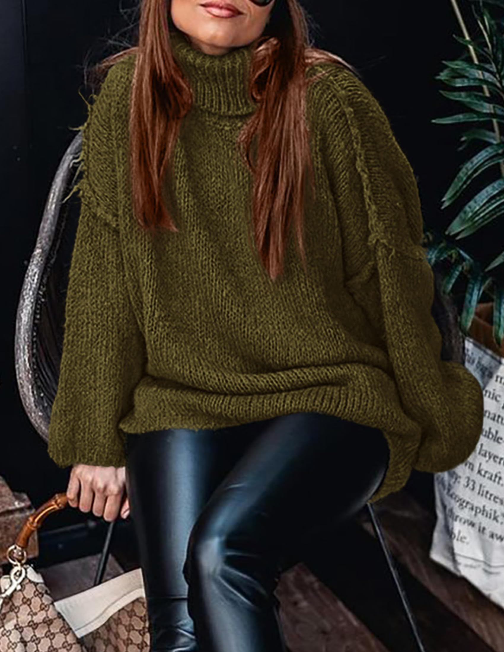 Womens Turtleneck Long Sleeve Oversized Sweaters,Army Green,S
