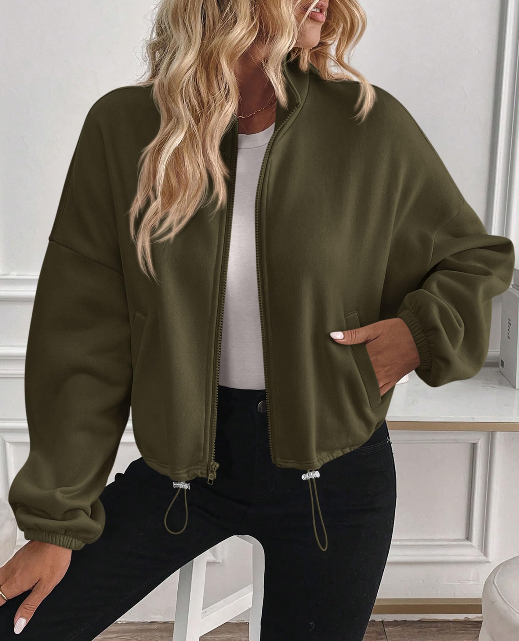 Women's Cropped Jacket Zip Up Fleece Sweatshirt Fall Outfits