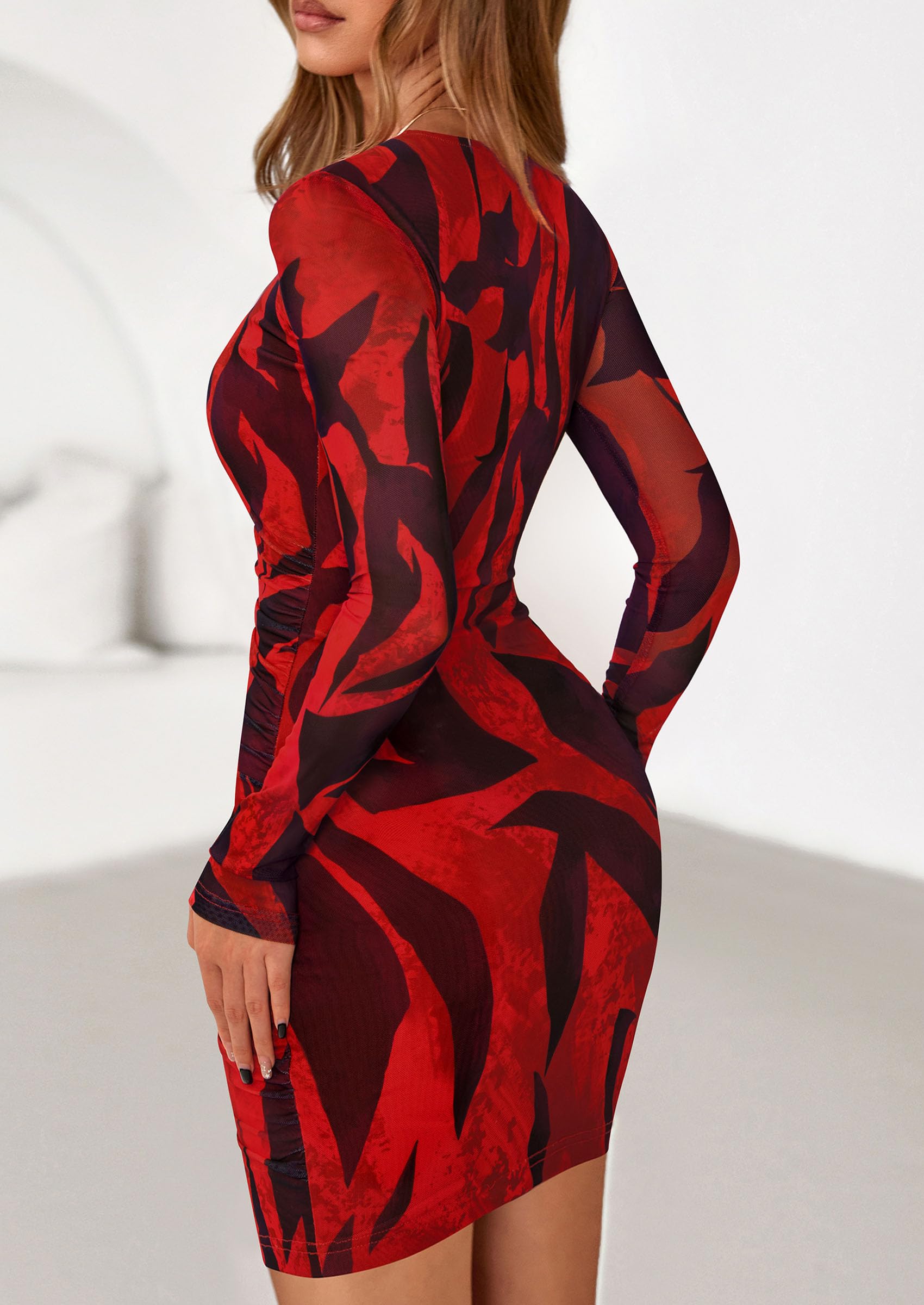 Mesh Mini Dresses for Women Long Sleeve Black Red Flower,XS