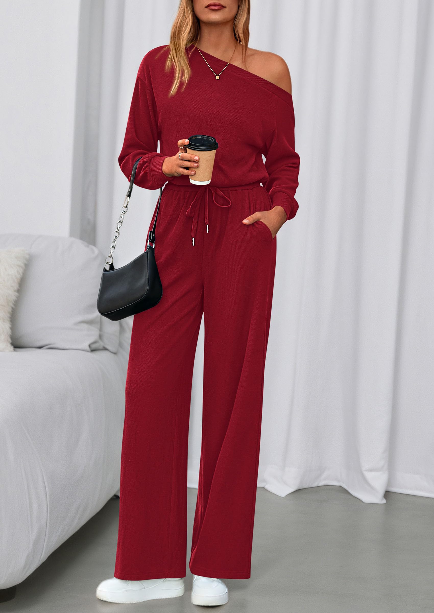 Womens Off Shoulder Long Sleeve Jumpsuit,Wine Red,S