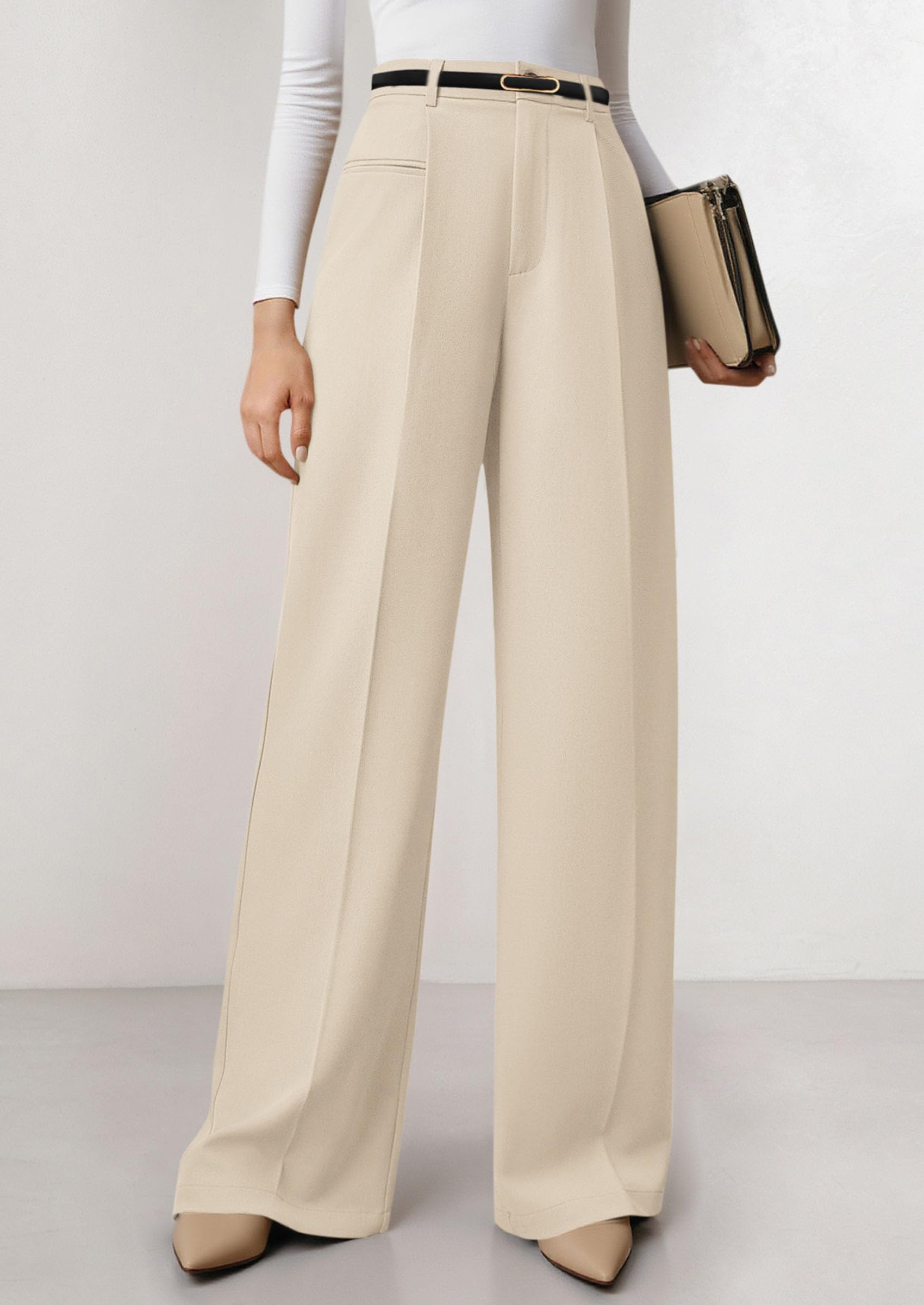 Women's Tailored Wide Leg Work Dress Pants,Beige,L