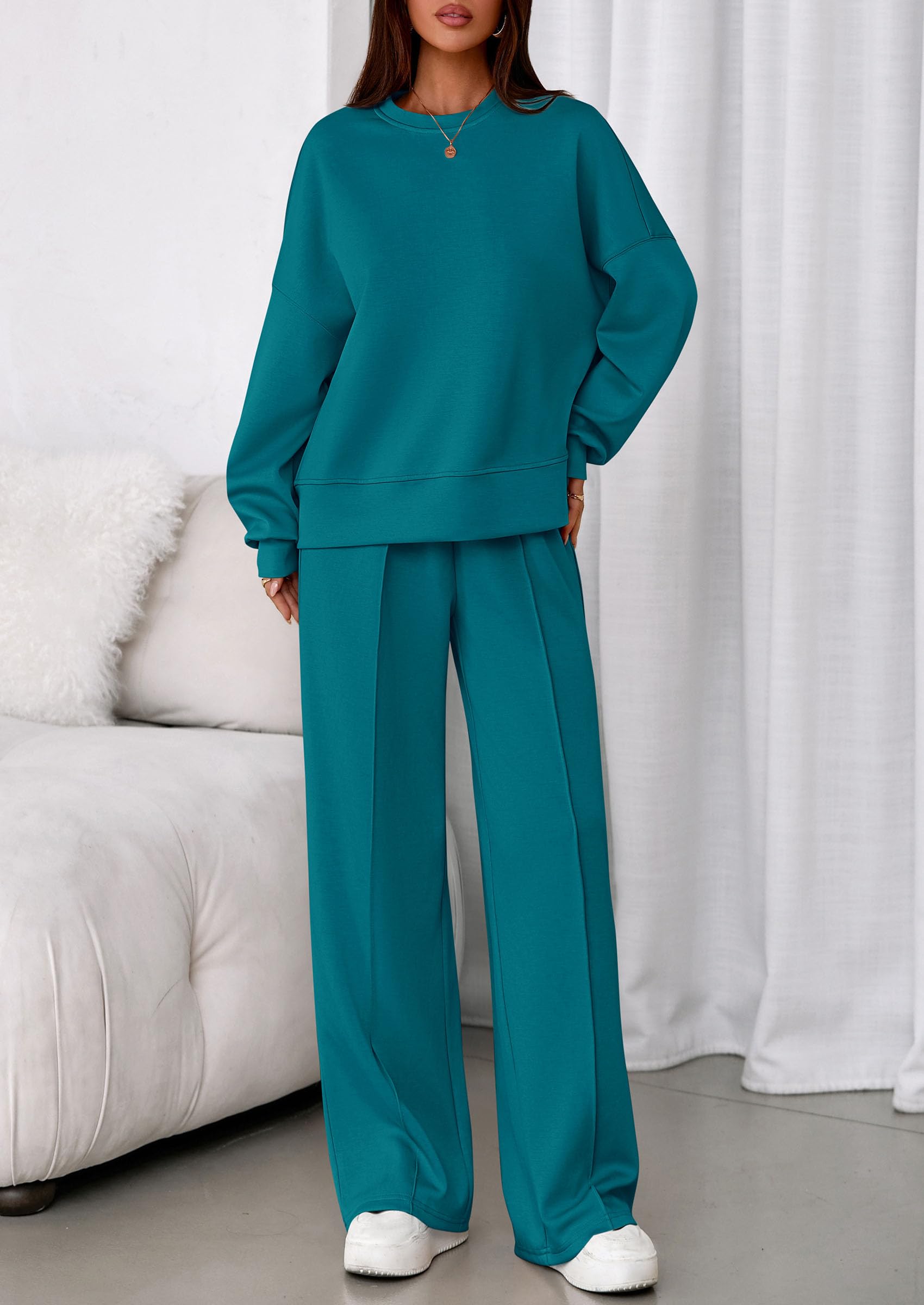 Womens Long Sleeve Sweatshirt 2 Piece Sets,Blue Green,S