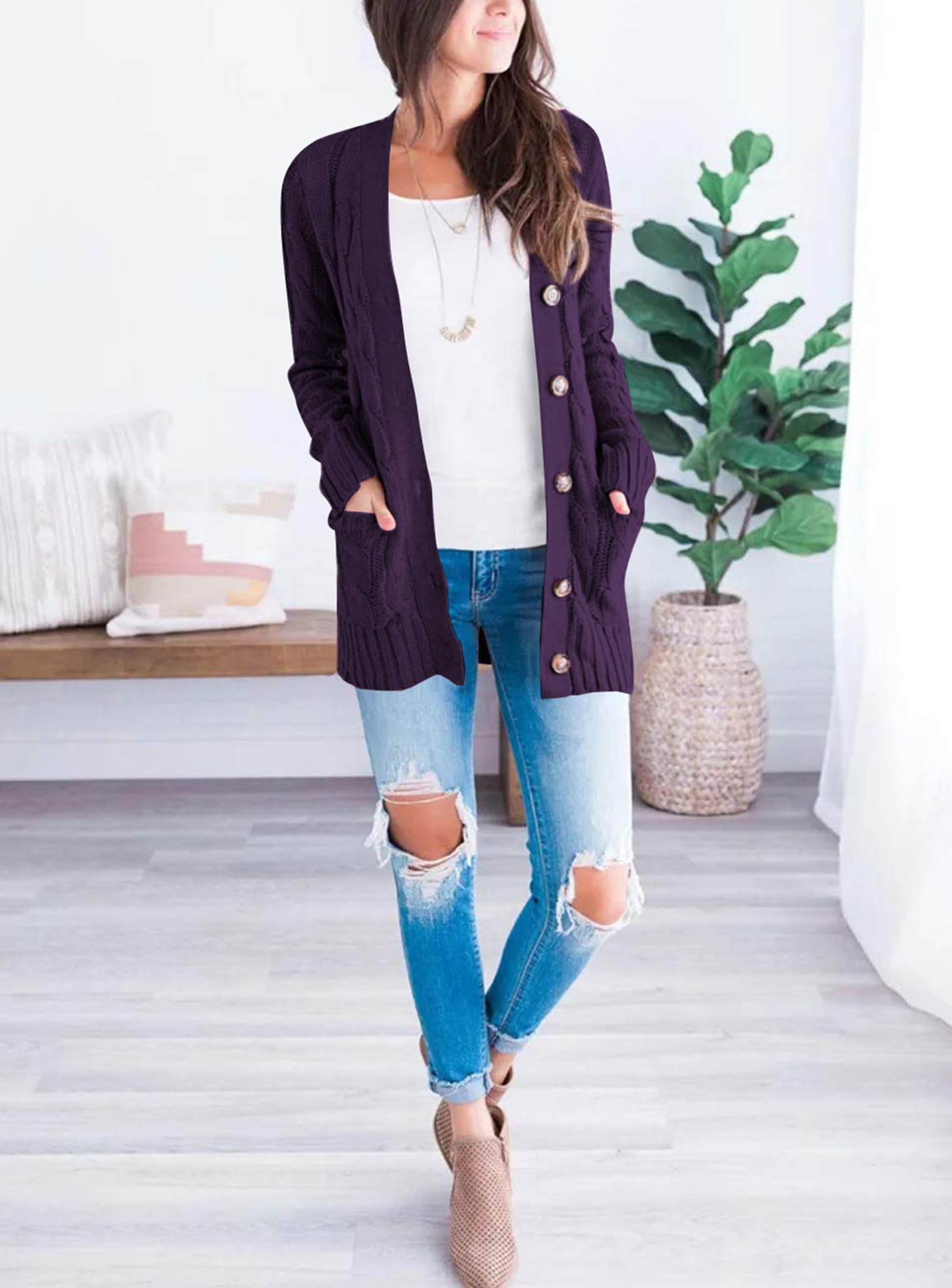 Women Chunky Cable Knit Cardigan Sweaters Fall Fashion Clothes