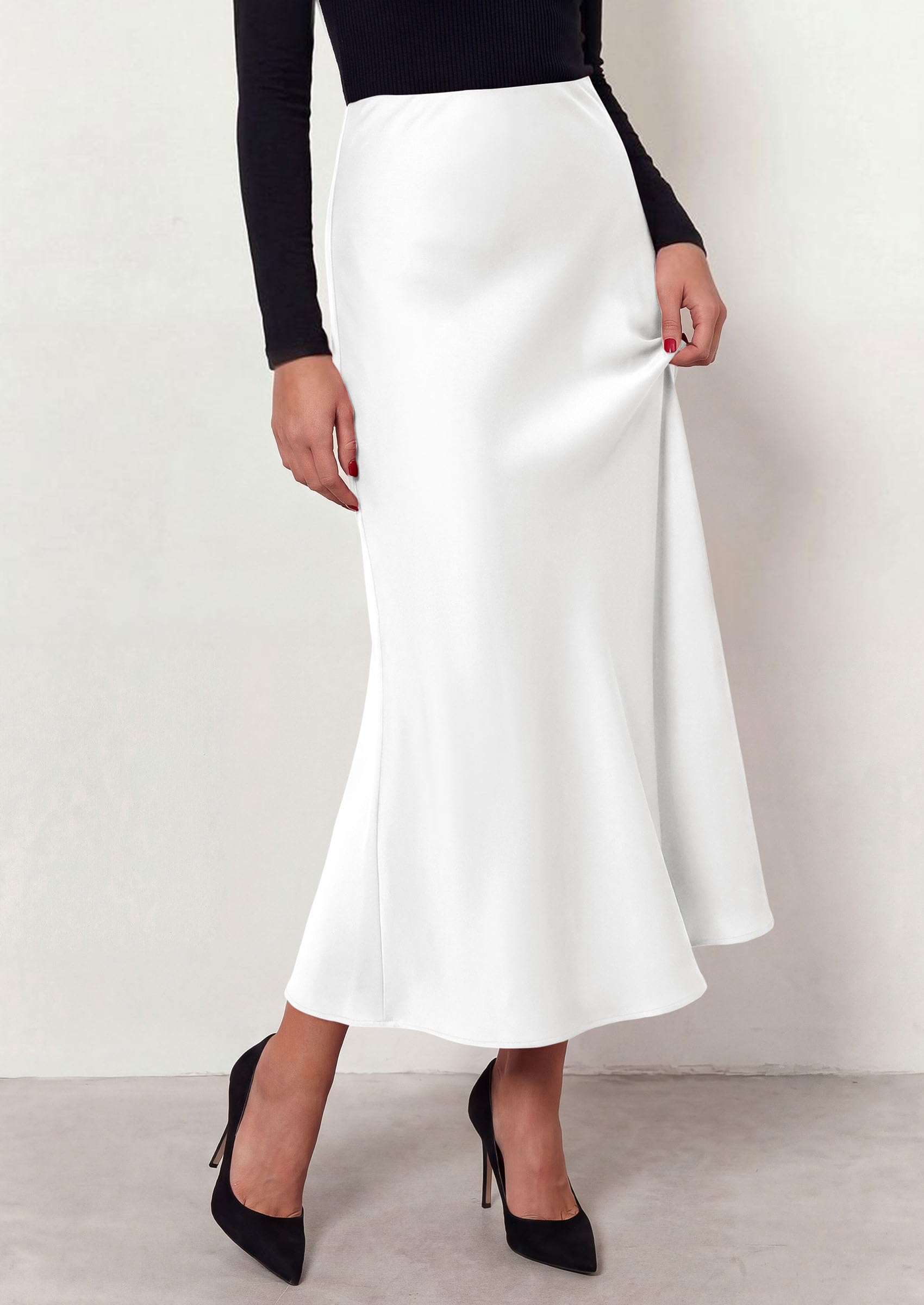 Women's Silk Satin Maxi Skirts Fall Clothes (White,S)