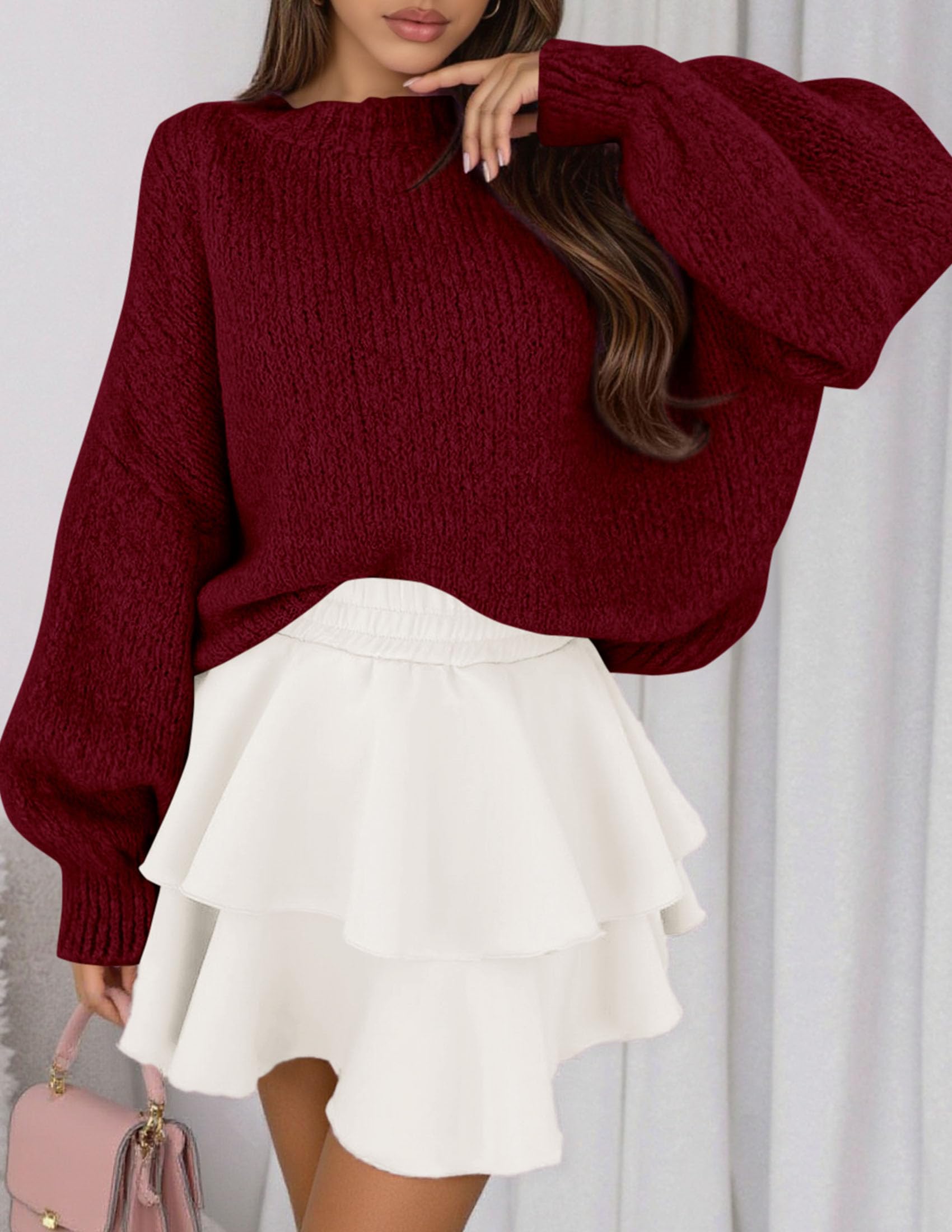 Women's Chunky Knit Oversized Pullover Sweaters,Burgundy,S