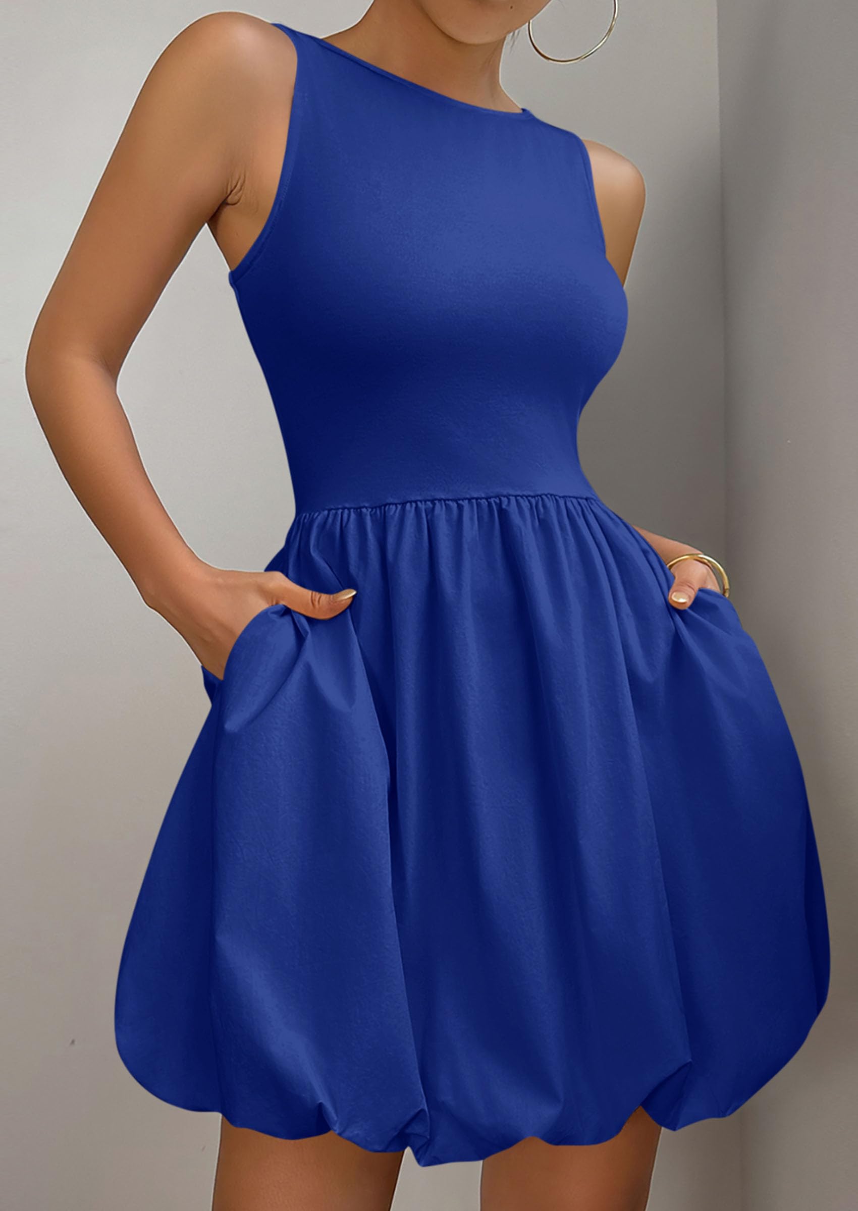 Womens Summer Bubble Sleeveless Mini Dress,Royal Blue,S