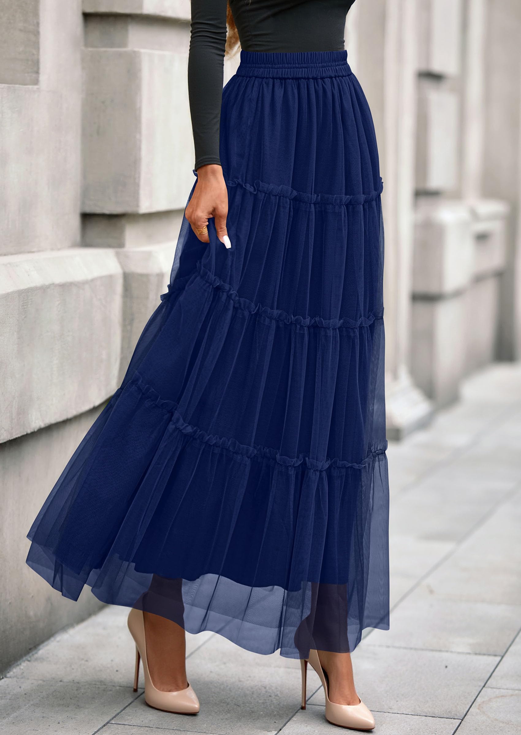 Women's Fall Soft Tulle Tiered Long Skirt,Navy Blue,S