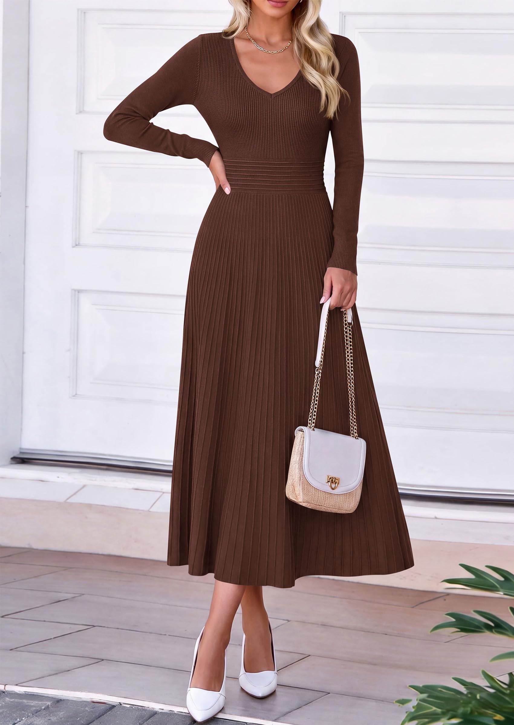 Women's Fall V Neck Pleated Midi Sweater Dress,Brown,M
