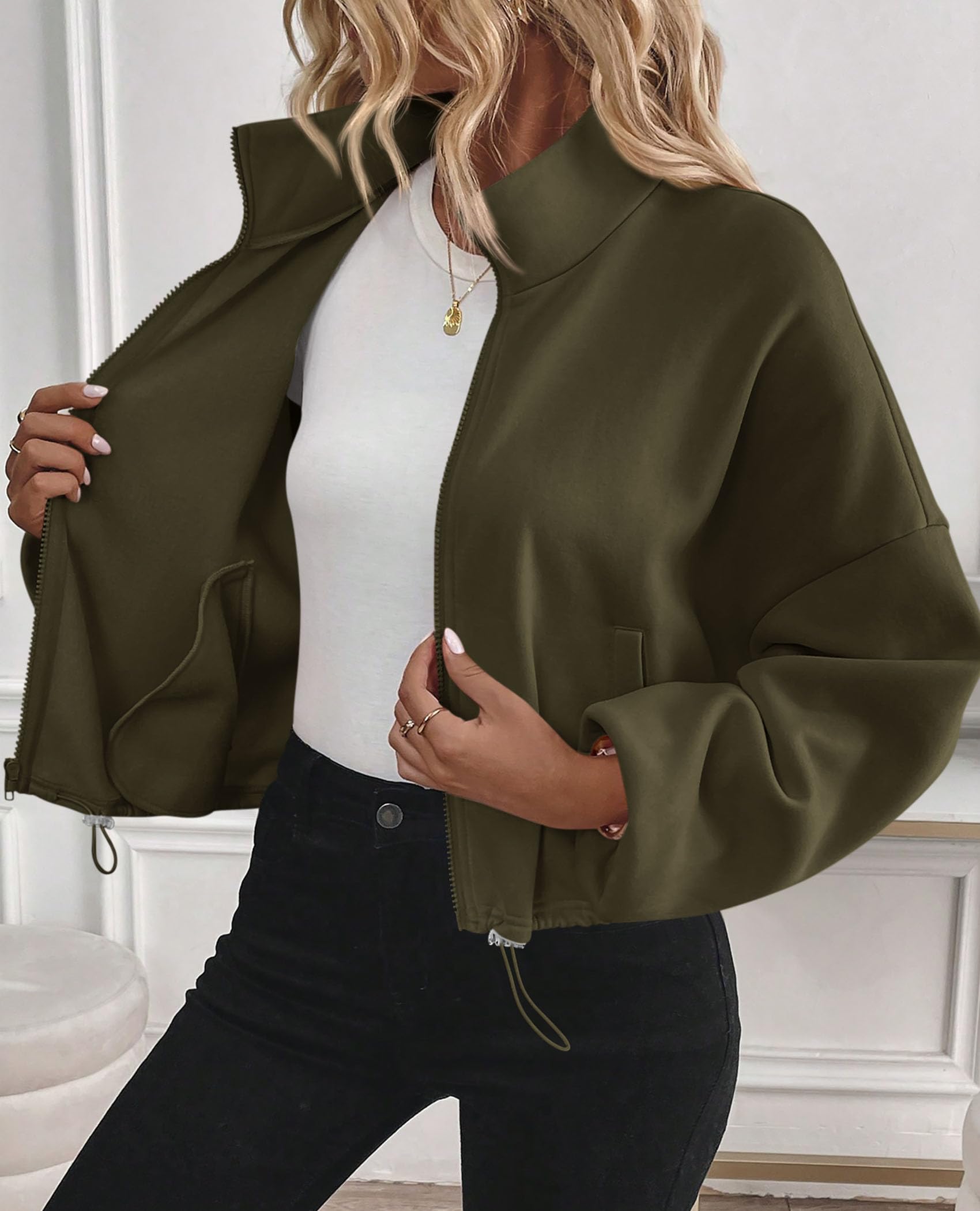 Women's Cropped Jacket Zip Up Fleece Sweatshirt Fall Outfits
