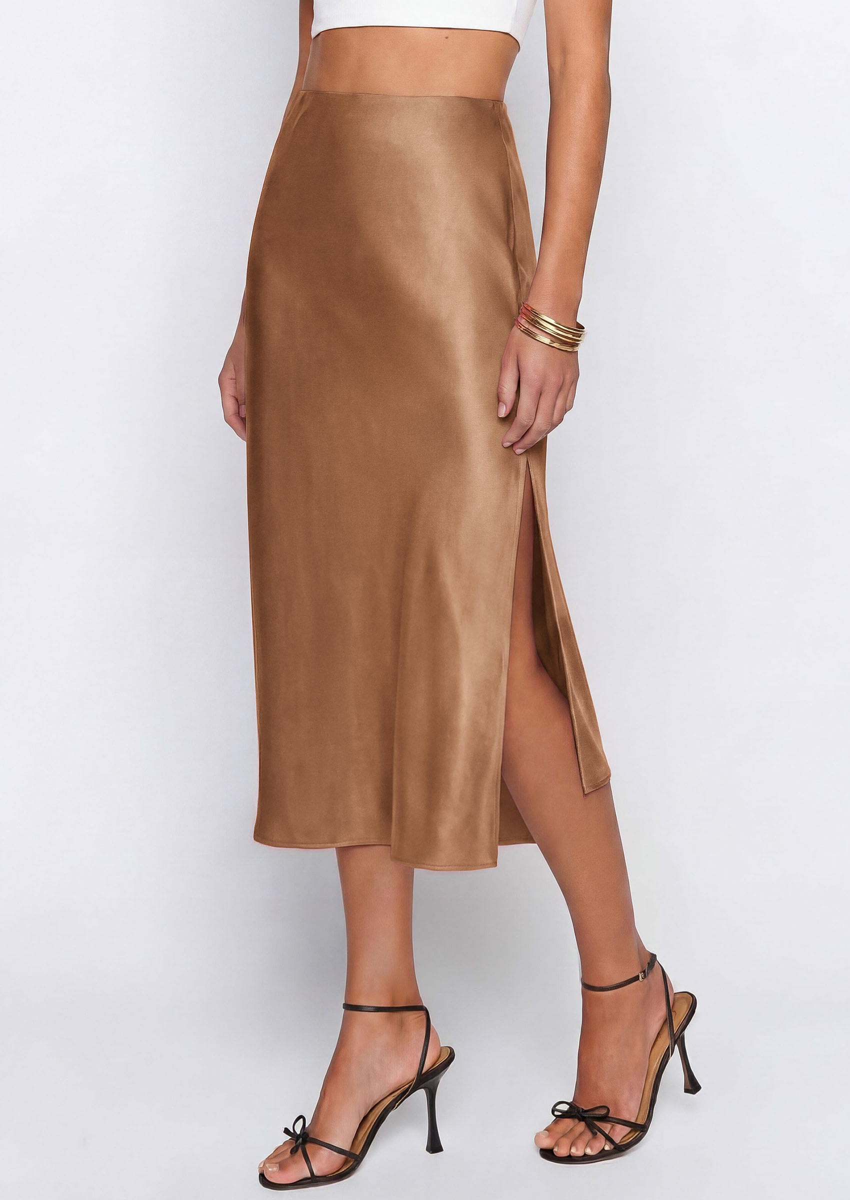 Womens Satin Skirt Silk Slip Midi Work Skirts, Coffee, S