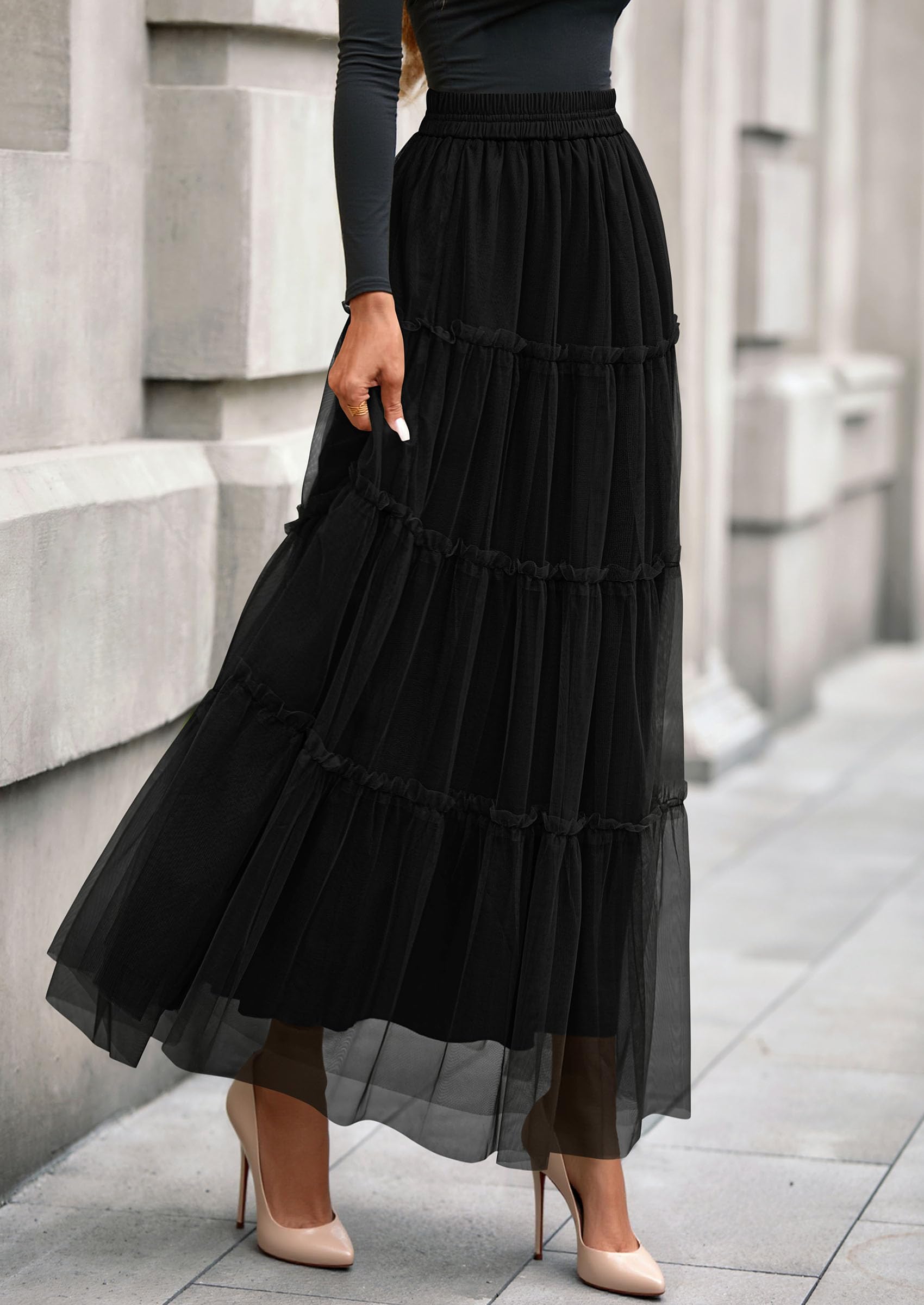Women's Fall Soft Tulle Tiered Long Skirt,Black,S