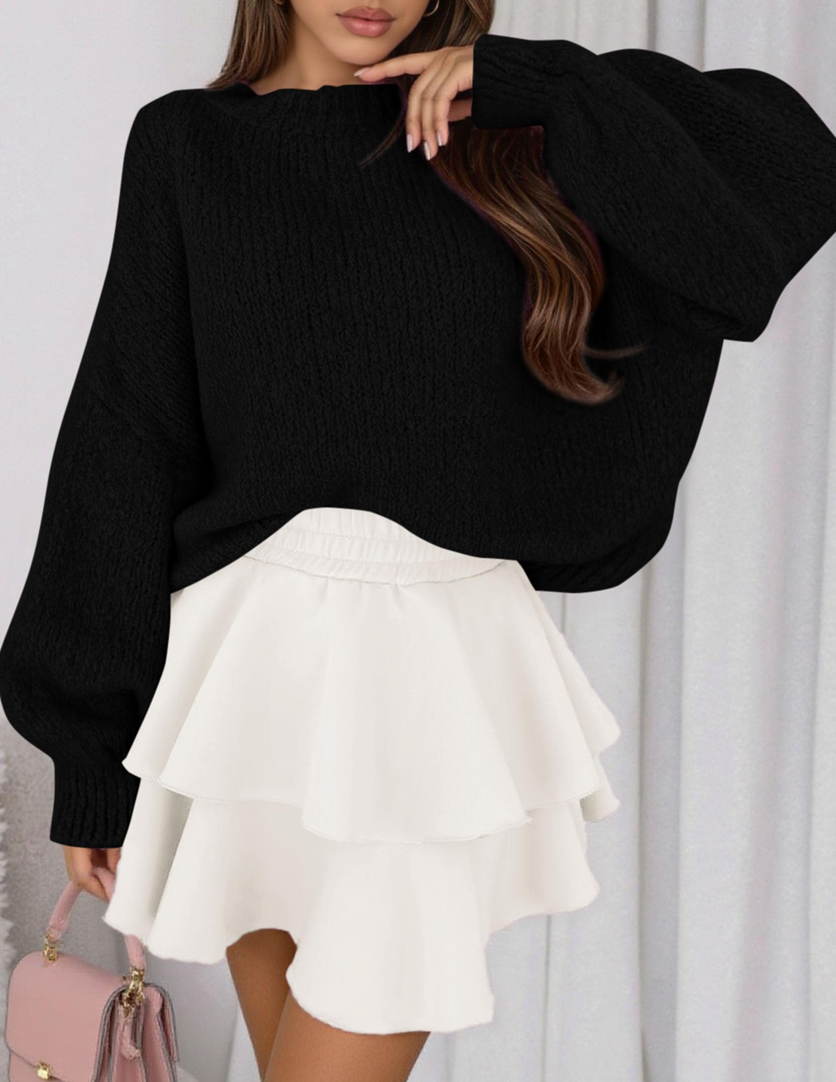 Women's Chunky Knit Oversized Pullover Sweaters,Black,S